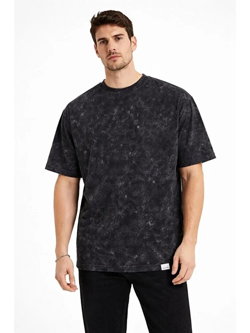 Erkek Asit Yıkama Bisiklet Yaka Kısa Kollu Oversize T-Shirt Tişört - Siyah-2