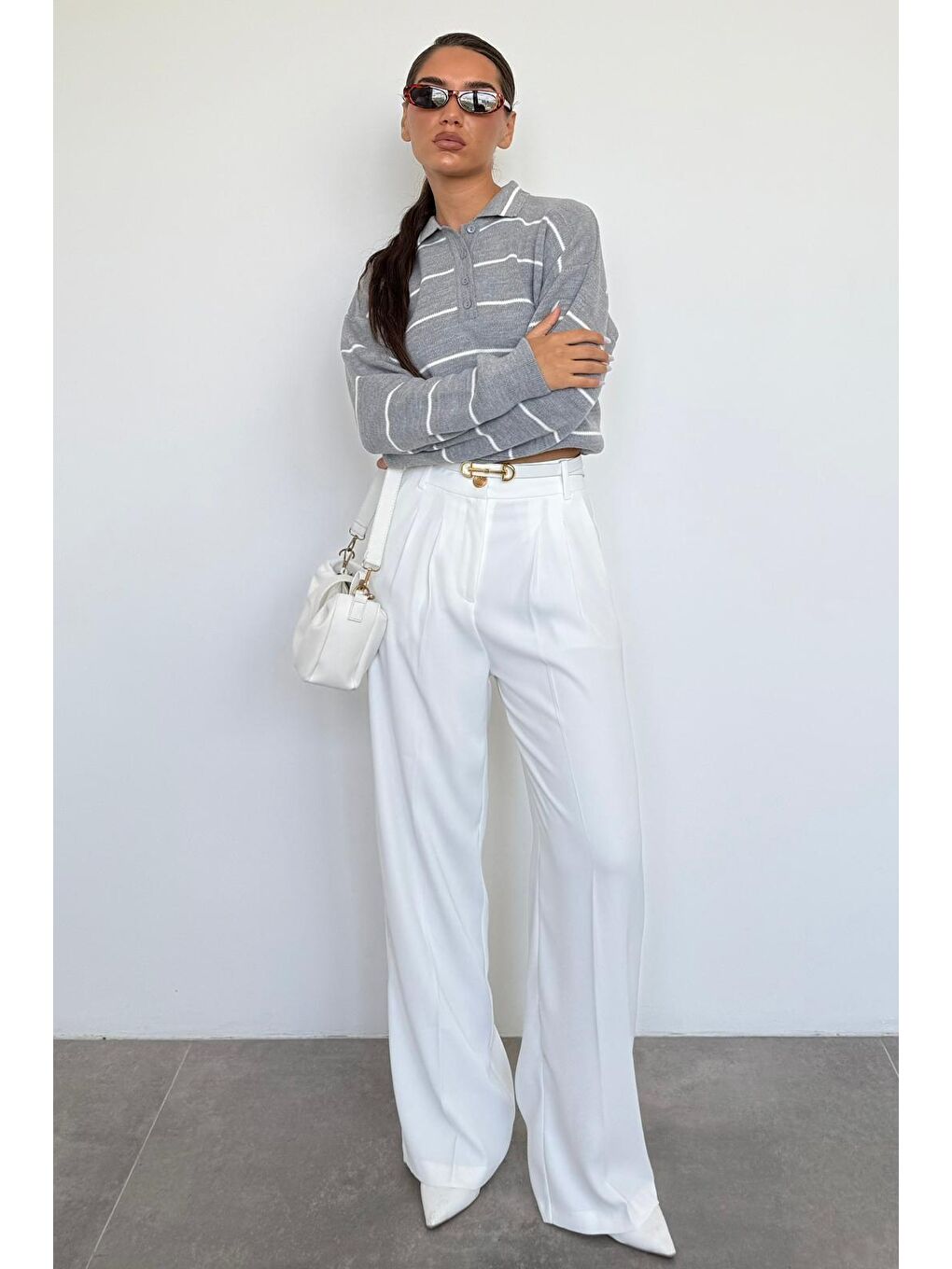 Gri Çizgili Polo Yaka Kadın Triko Kazak Mg2470-8