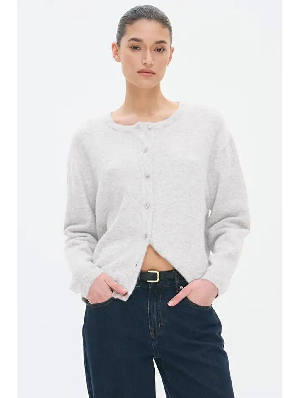 Ekru Rahat Kalıp Düğmeli Triko Kadın Hırka Mg2552-4