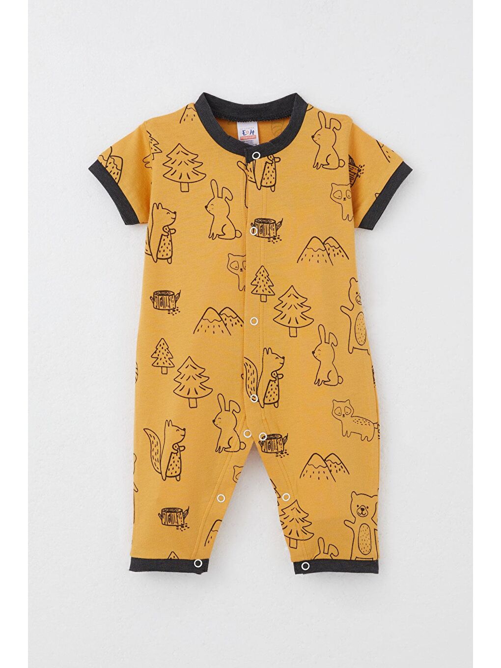 Erkek Bebek Kısa Kollu Tulum Orman Temalı Hayvancıklar Desenli Hardal Sarı (4 Ay)