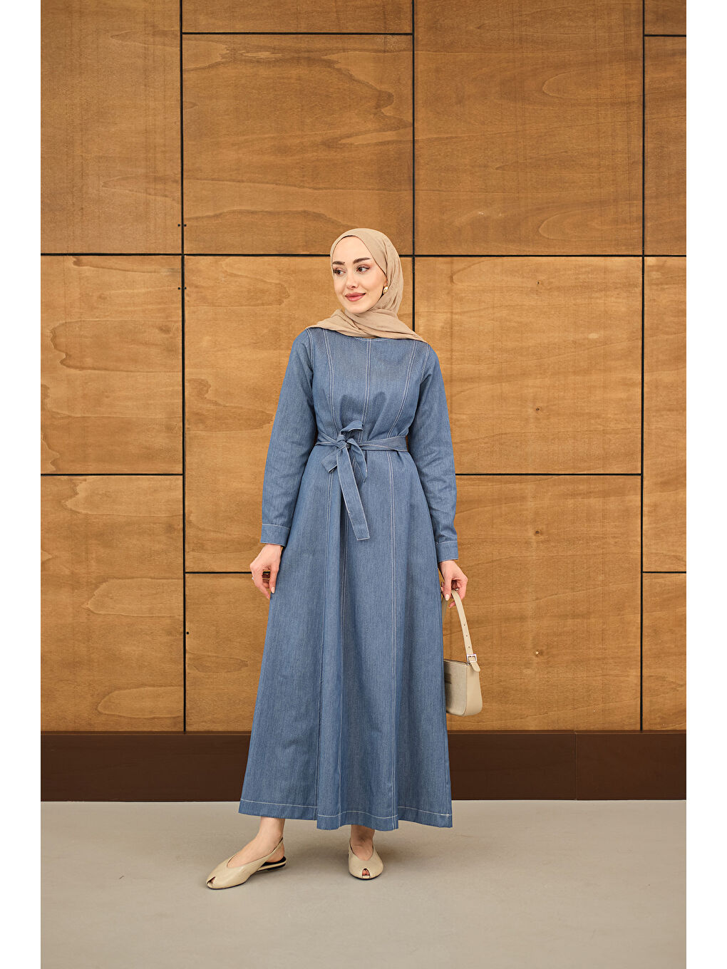Kadın Dikiş Detay Bel Bağlamalı İnce Jean Elbise Buz Mavi-3
