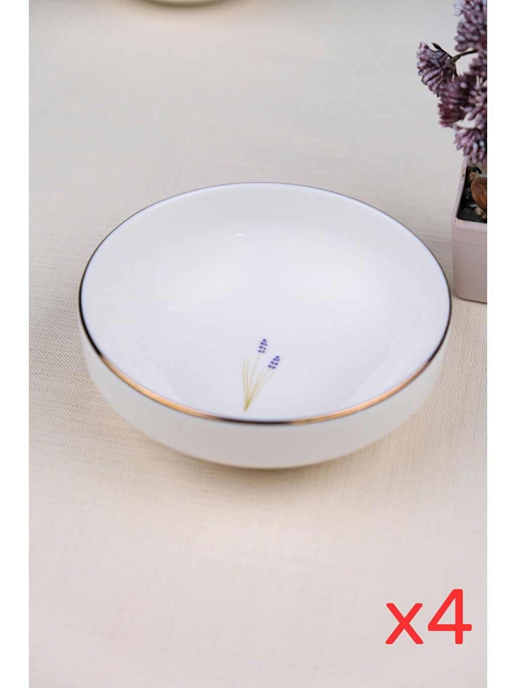 Karışık Porselen Natura Lavanta Altın Yaldız Kase 13,50cm 4 lü