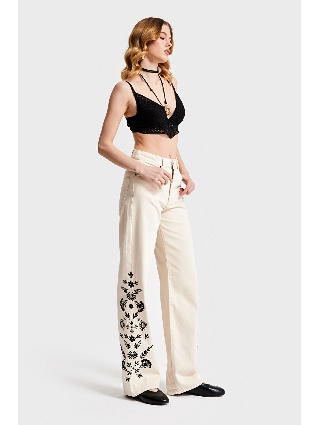 Bej Kadın Raw Renk 7S569 Nakışlı Tasarım Loose Fit Denim-5