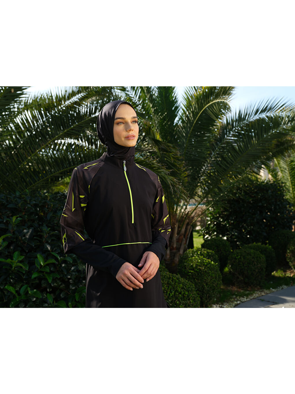 Siyah Kadın Fermuarlı Kapalı Dik Yaka Lastikli Hızlı Kuruyan Genç Tesettür Mayo-2