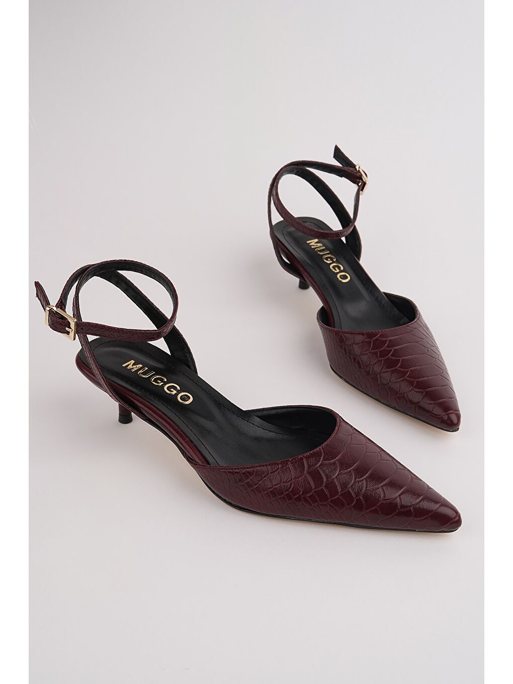 Bordo KİCK Kadın Kroko Desenli Sivri Burun İnce Topuklu Bilekten Bağlamalı Ayakkabı-1