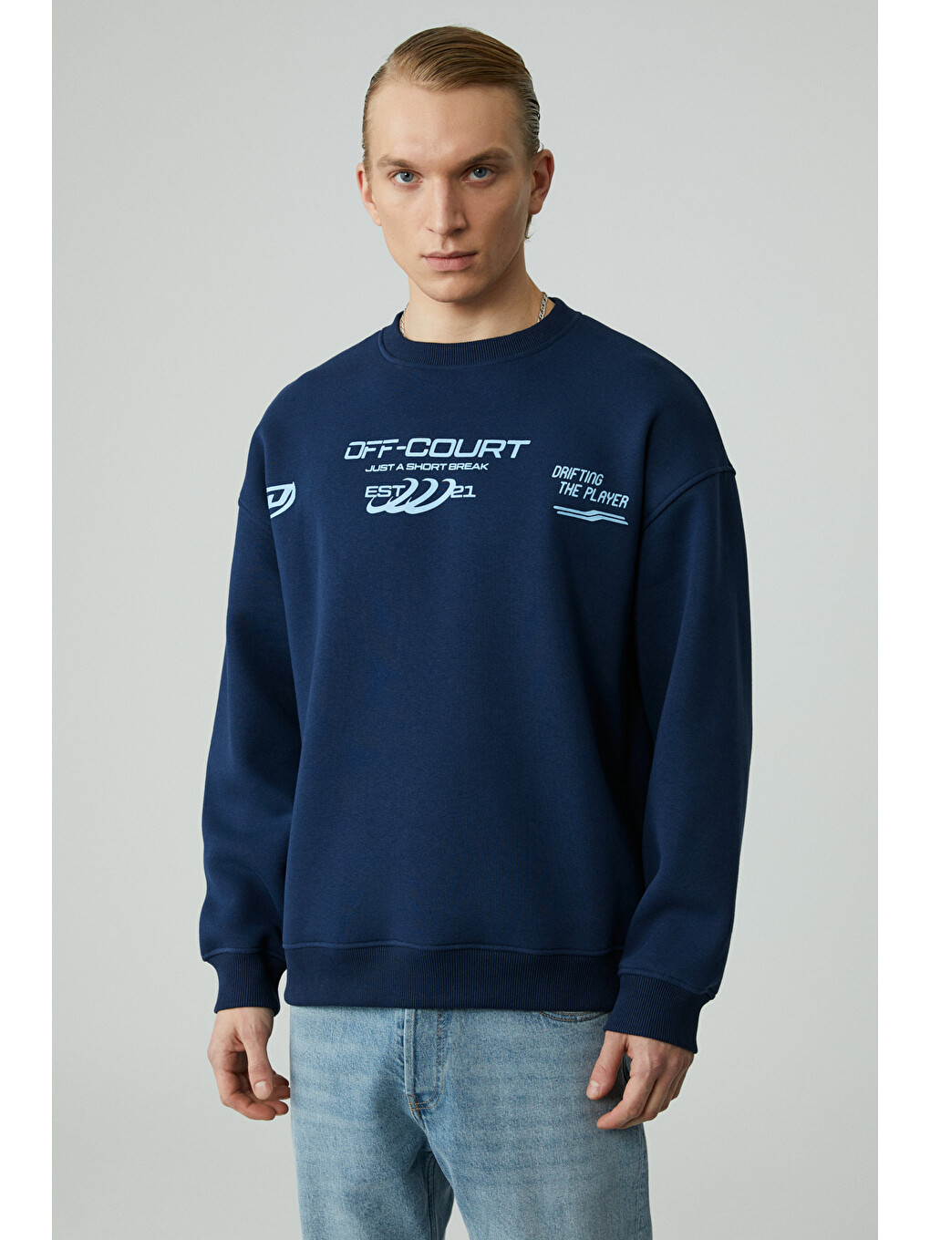 Cassy Erkek Organik Pamuklu Yumuşacık Baskı Detaylı Lacivert Sweatshirt-3