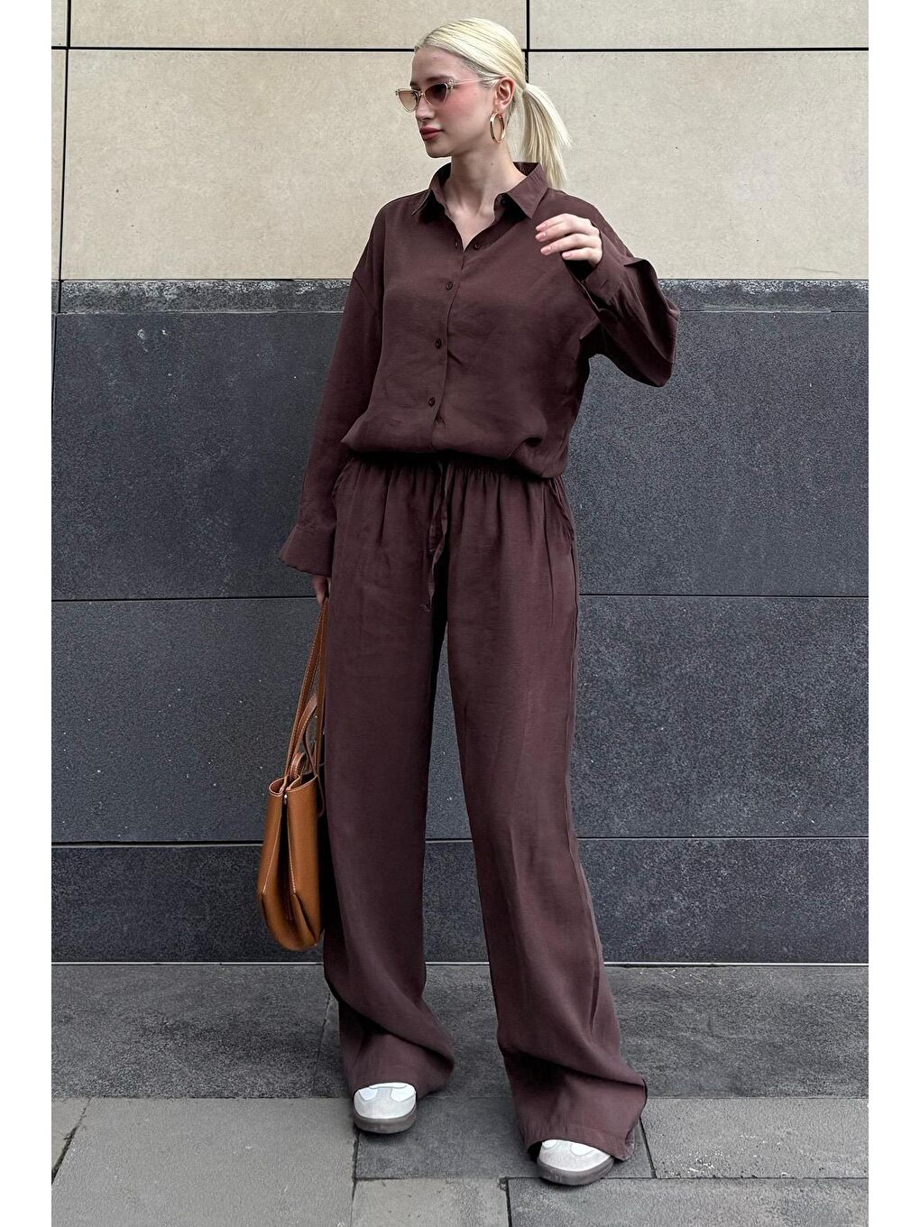 Acı Kahverengi Basic Kadın Gömlek Pantolon İkili Takım Mg2352-5