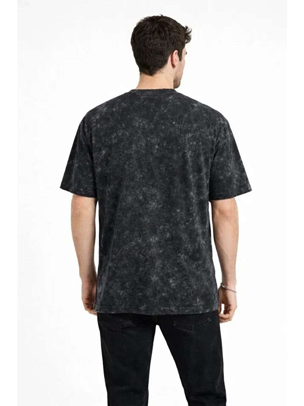 Erkek Asit Yıkama Bisiklet Yaka Kısa Kollu Oversize T-Shirt Tişört - Siyah-3