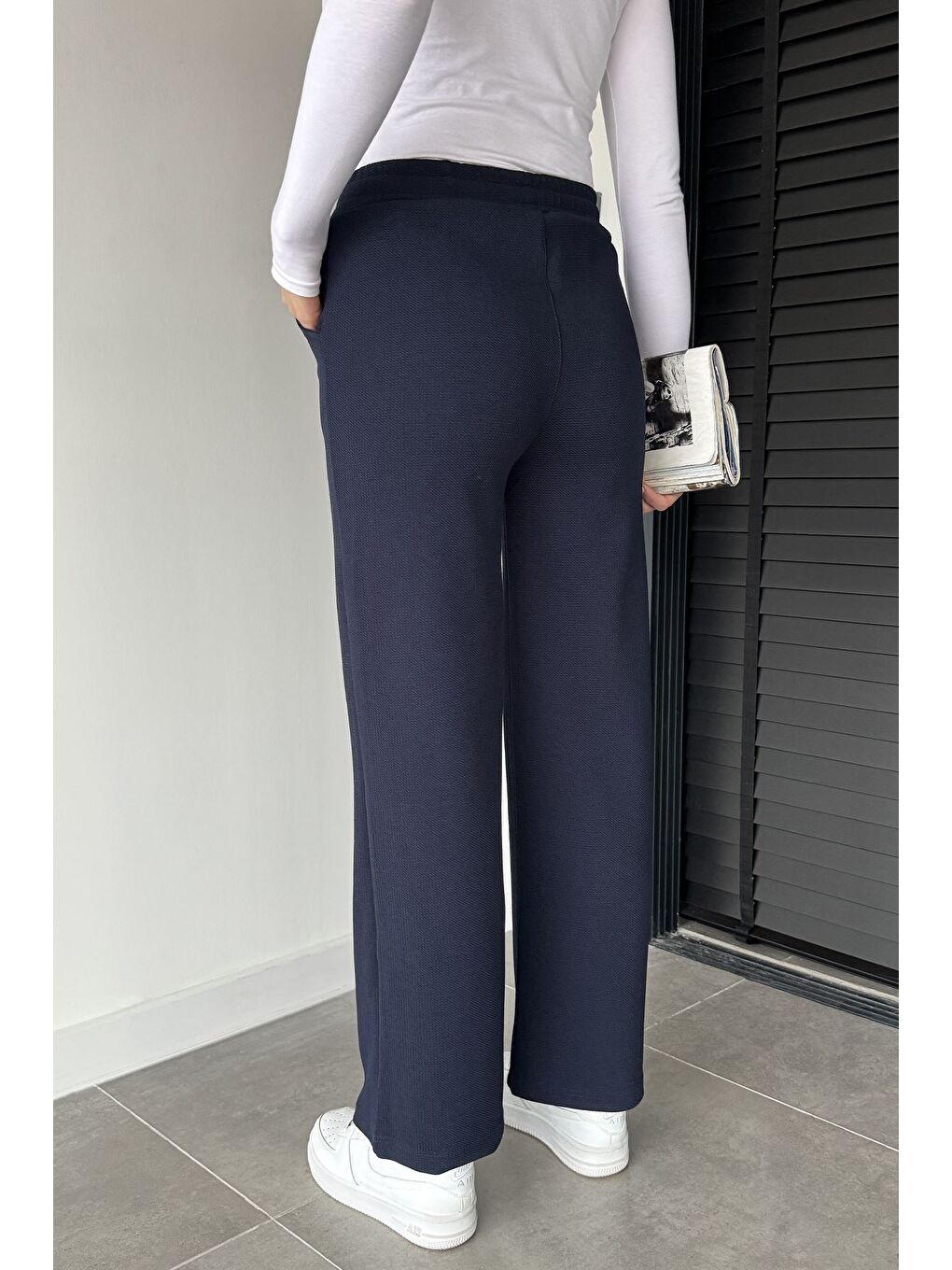 Lacivert Kadın Bel Lastikli Kendinden Desenli Pantolon-2