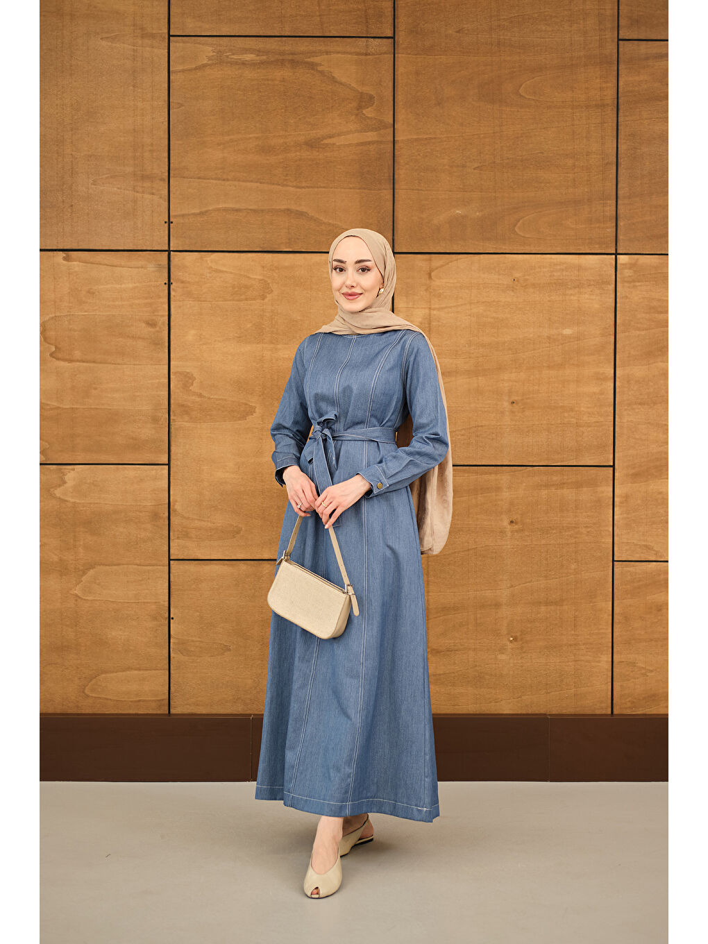 Kadın Dikiş Detay Bel Bağlamalı İnce Jean Elbise Buz Mavi-4