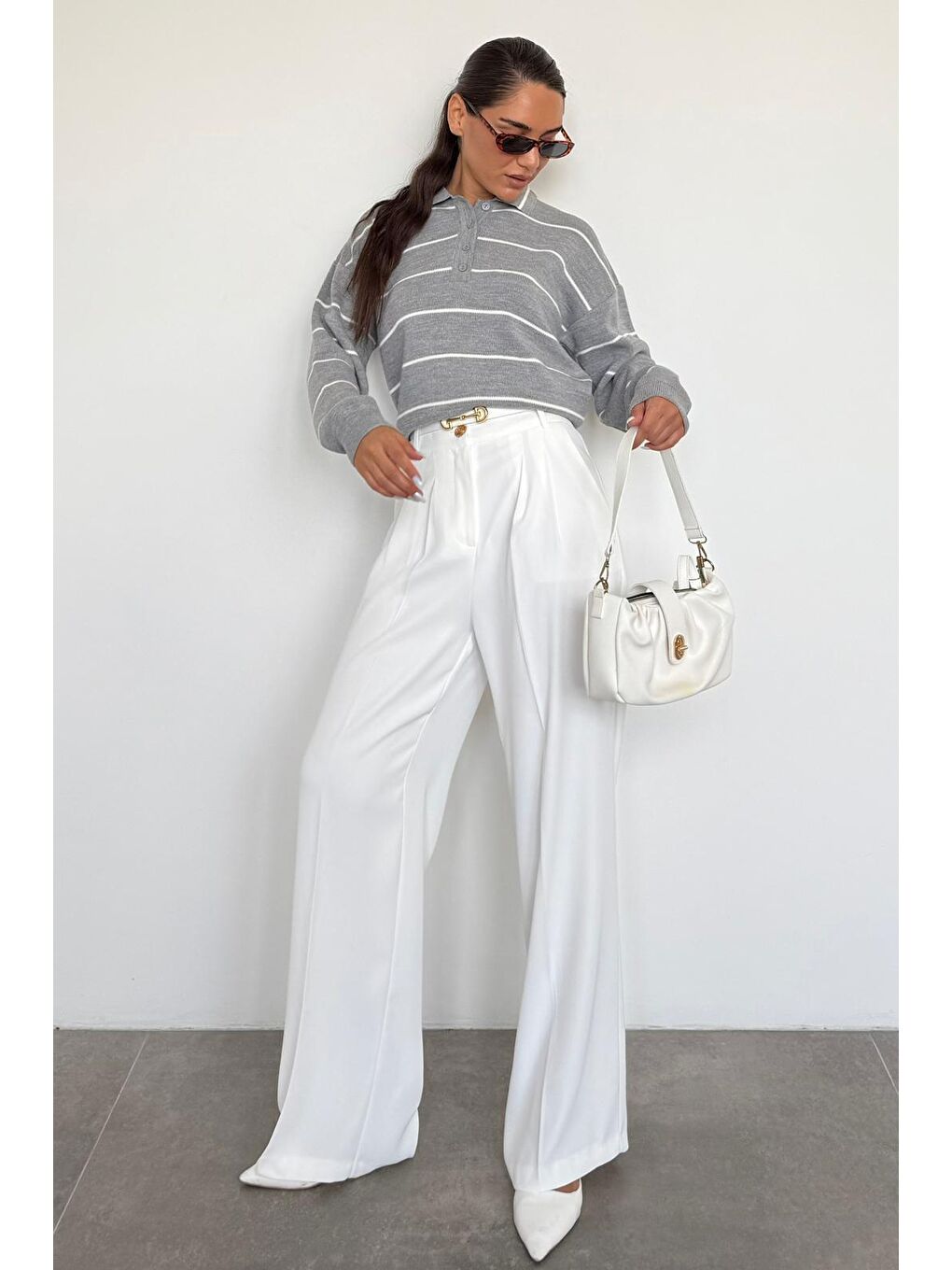 Gri Çizgili Polo Yaka Kadın Triko Kazak Mg2470-10