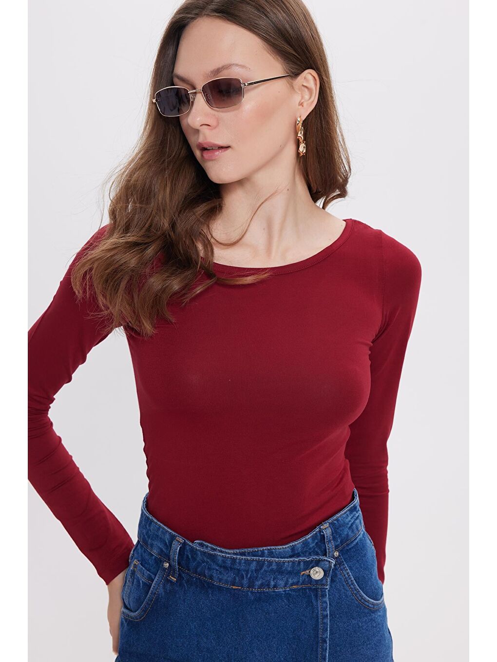 Kadın Slim Fit Dar Kesim Uzun Kollu Viskon Bordo Bluz