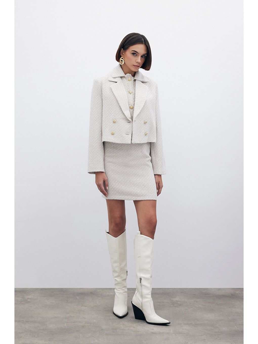 Bej Simli Mini Tüvit Etek - Taş