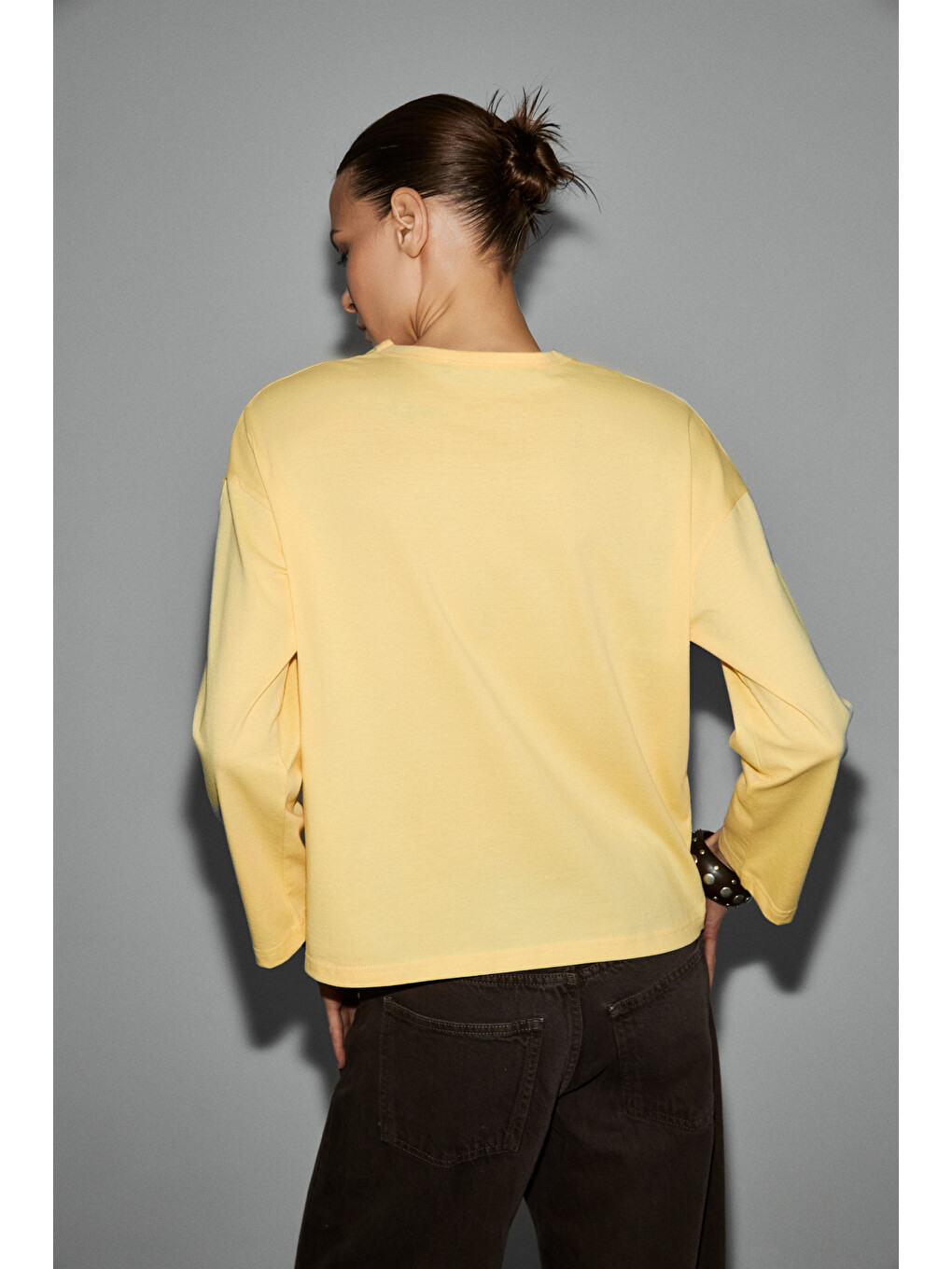 Basıl Kadını Oversize %100 Organik Pamuk Örme Uzun Kol Sarı T-shirt-5