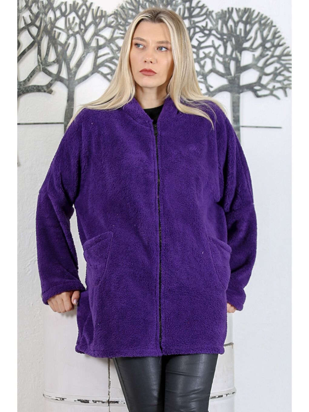 Mor Uzun Kol Fermuarlı Çift Cepli Kapüşonlu Teddy Dokuma Oversize Pelüş Ceket-1
