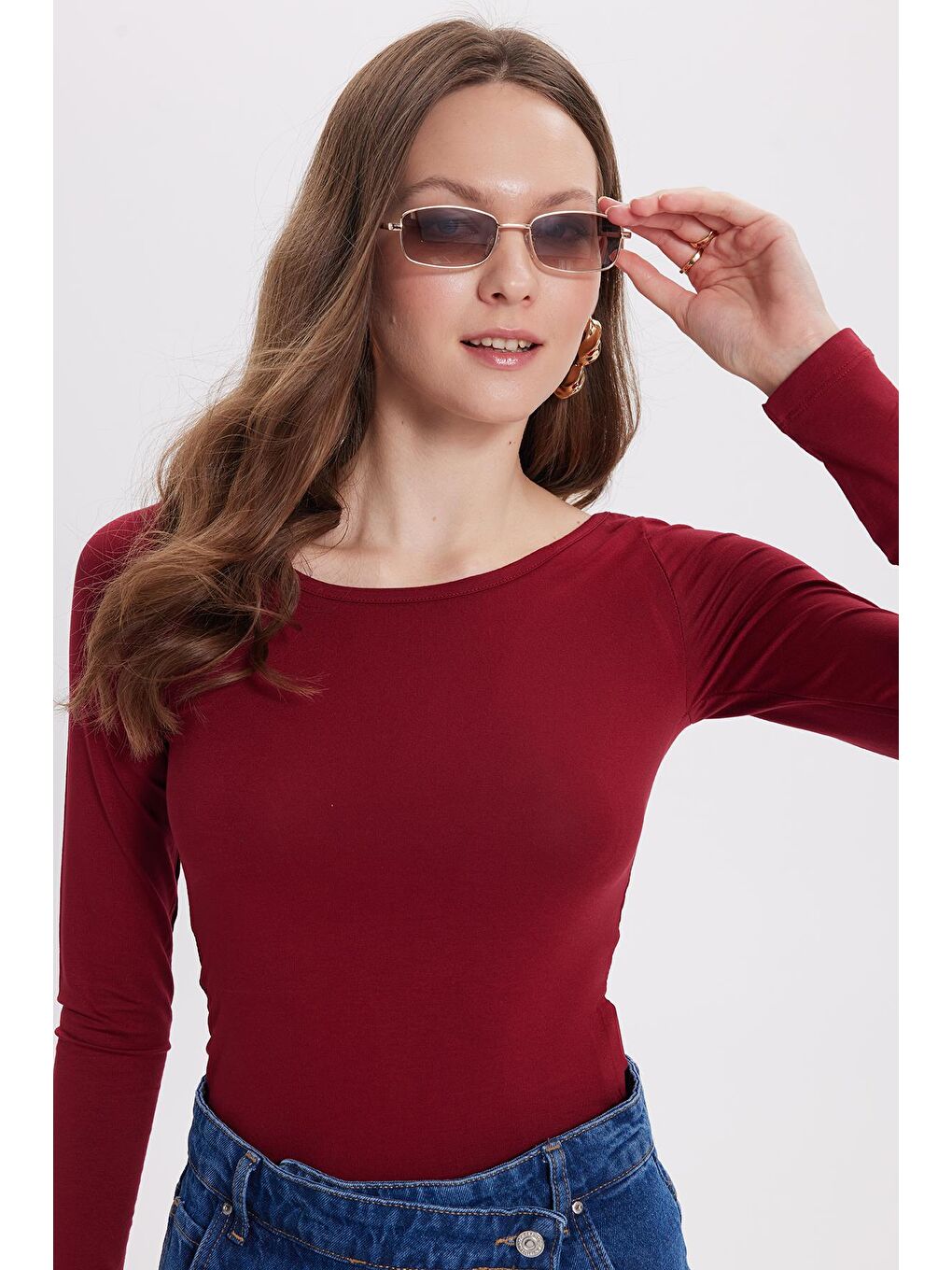 Kadın Slim Fit Dar Kesim Uzun Kollu Viskon Bordo Bluz-1