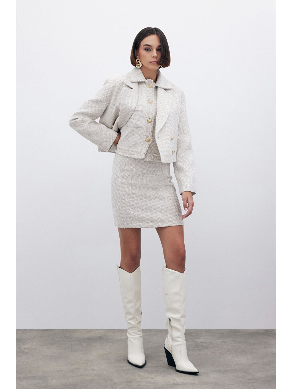 Bej Simli Mini Tüvit Etek - Taş-1