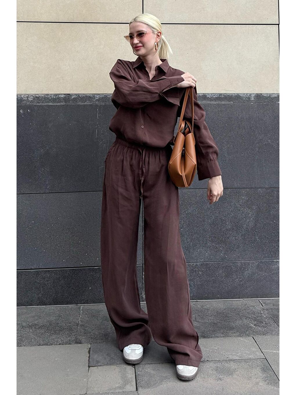 Acı Kahverengi Basic Kadın Gömlek Pantolon İkili Takım Mg2352-6