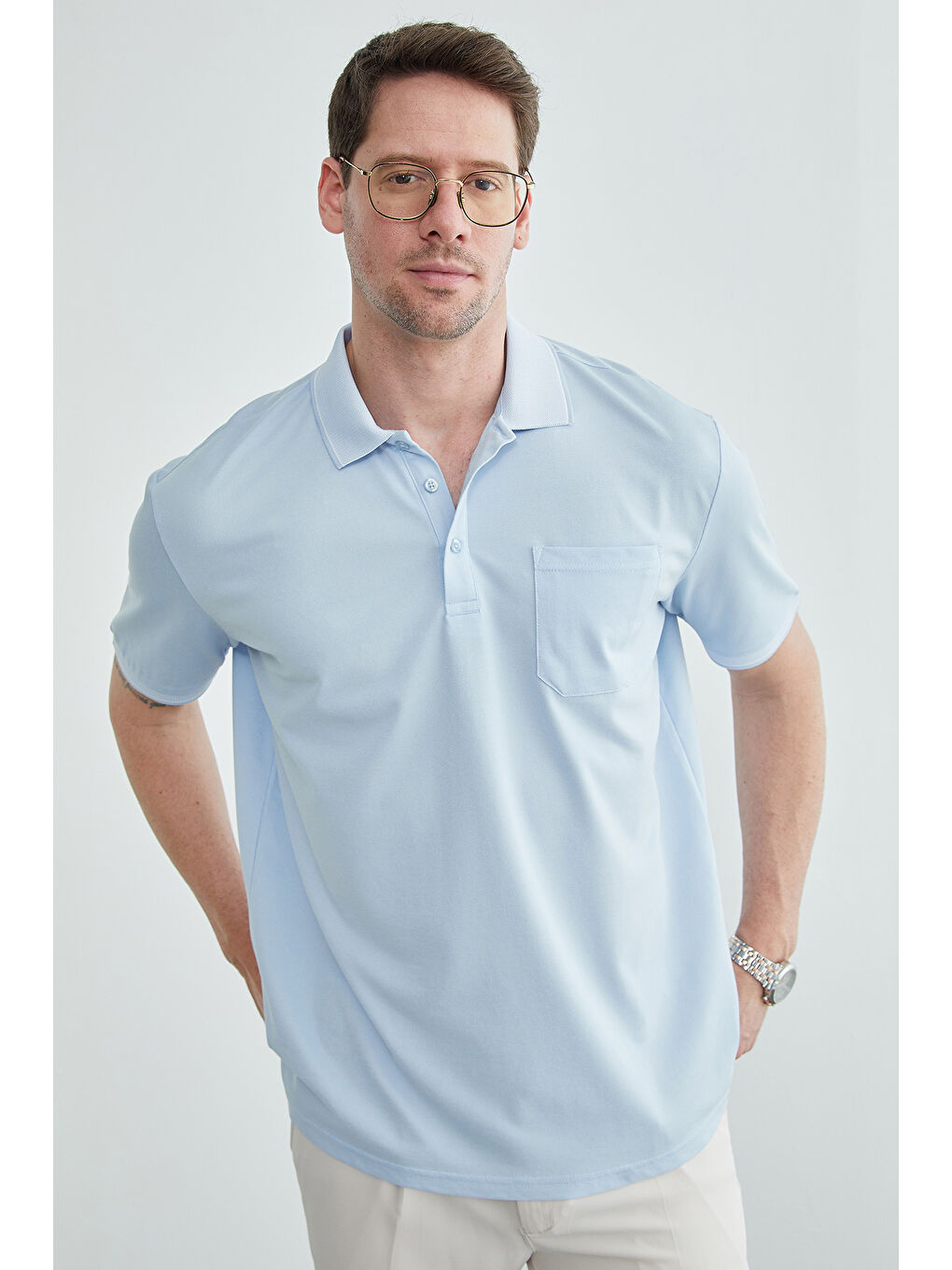 Mavi Düğmeli Tek Cepli Polo Yaka Tişört-1