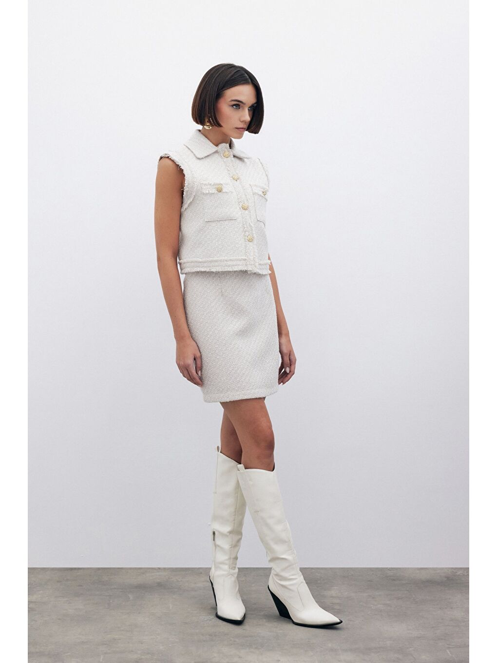 Bej Simli Mini Tüvit Etek - Taş-2