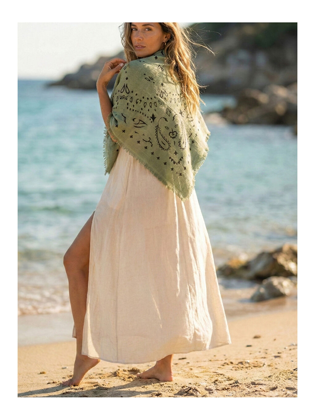 Yeşil Kujten Desenli Pamuklu Şal SAL1401 YESIL-3