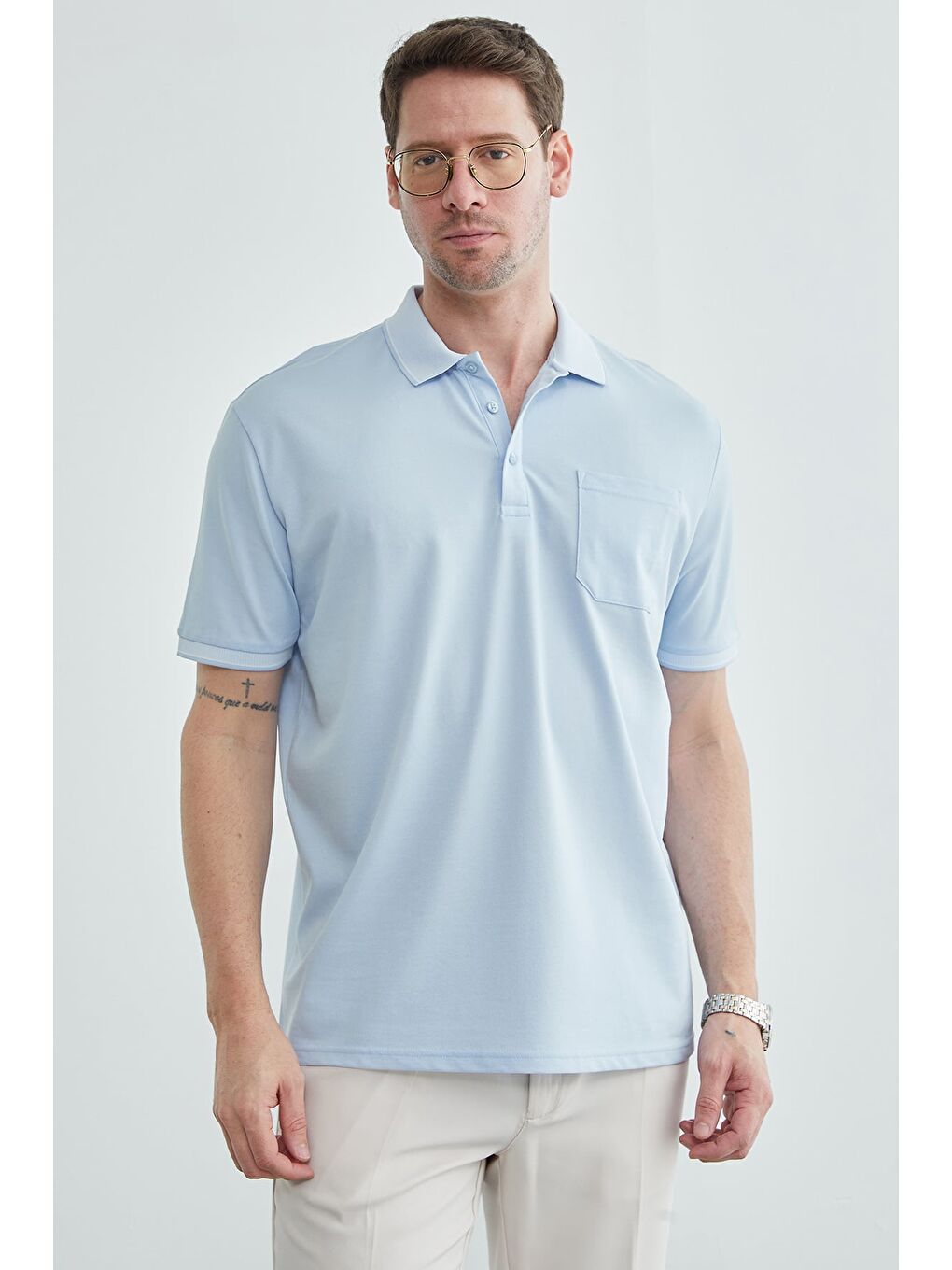 Mavi Düğmeli Tek Cepli Polo Yaka Tişört-2