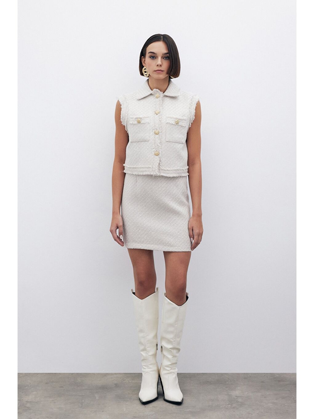 Bej Simli Mini Tüvit Etek - Taş-3