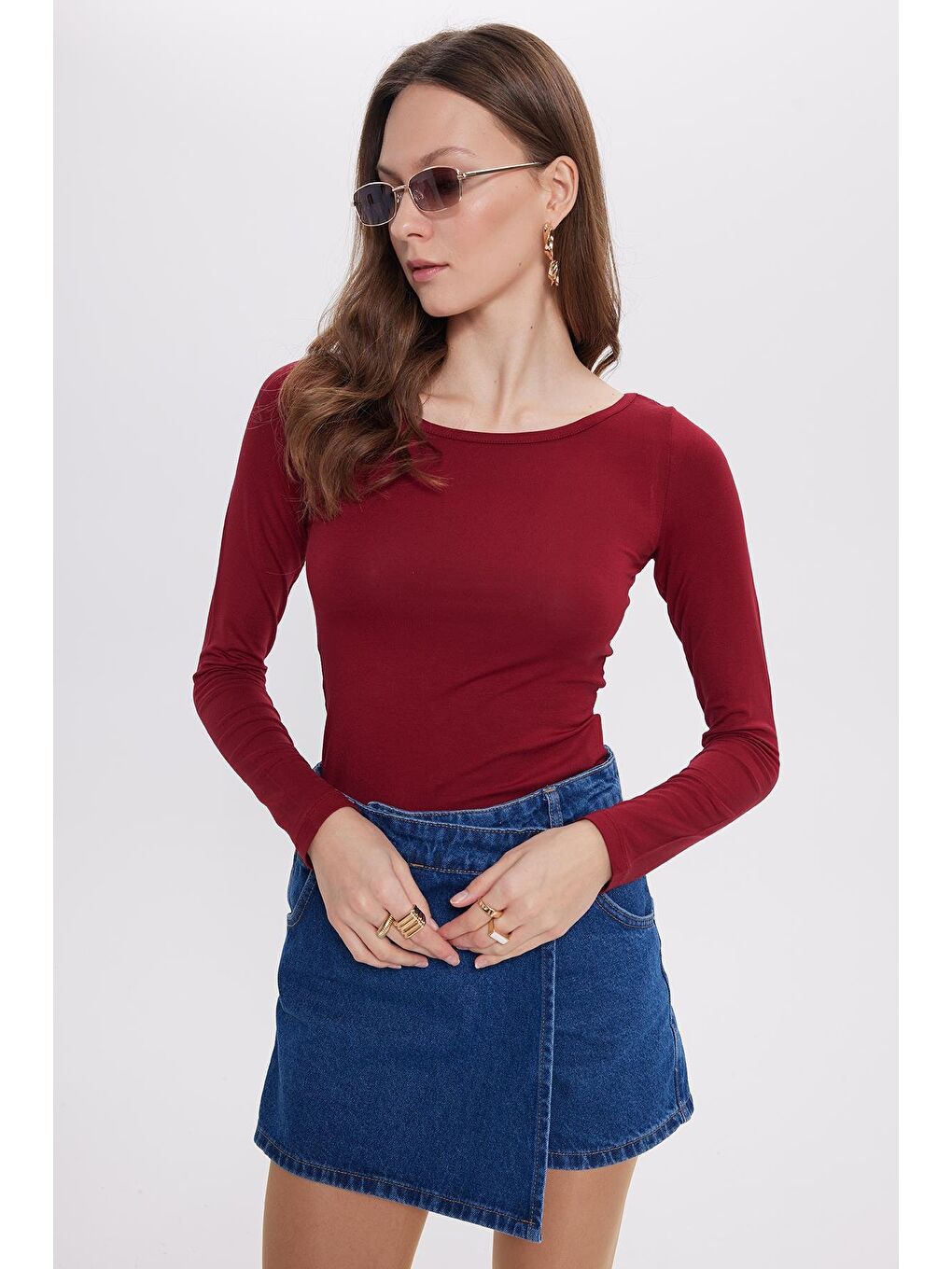 Kadın Slim Fit Dar Kesim Uzun Kollu Viskon Bordo Bluz-4