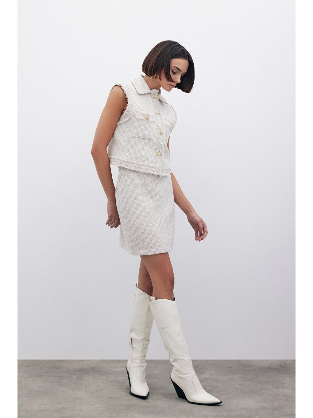 Bej Simli Mini Tüvit Etek - Taş-4