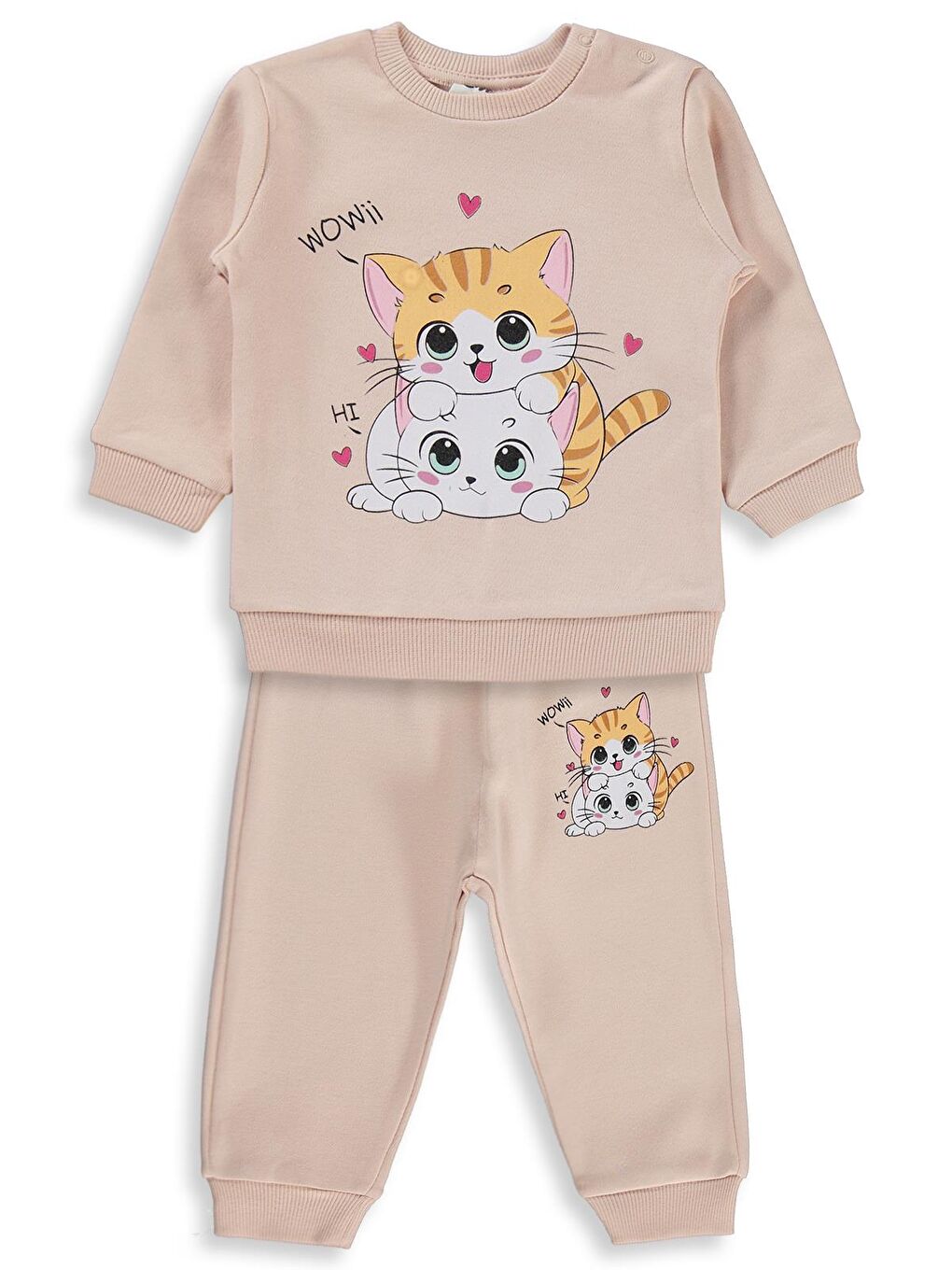Pembe Baby Kedi Baskılı 6-18 Ay Takım - Pudra