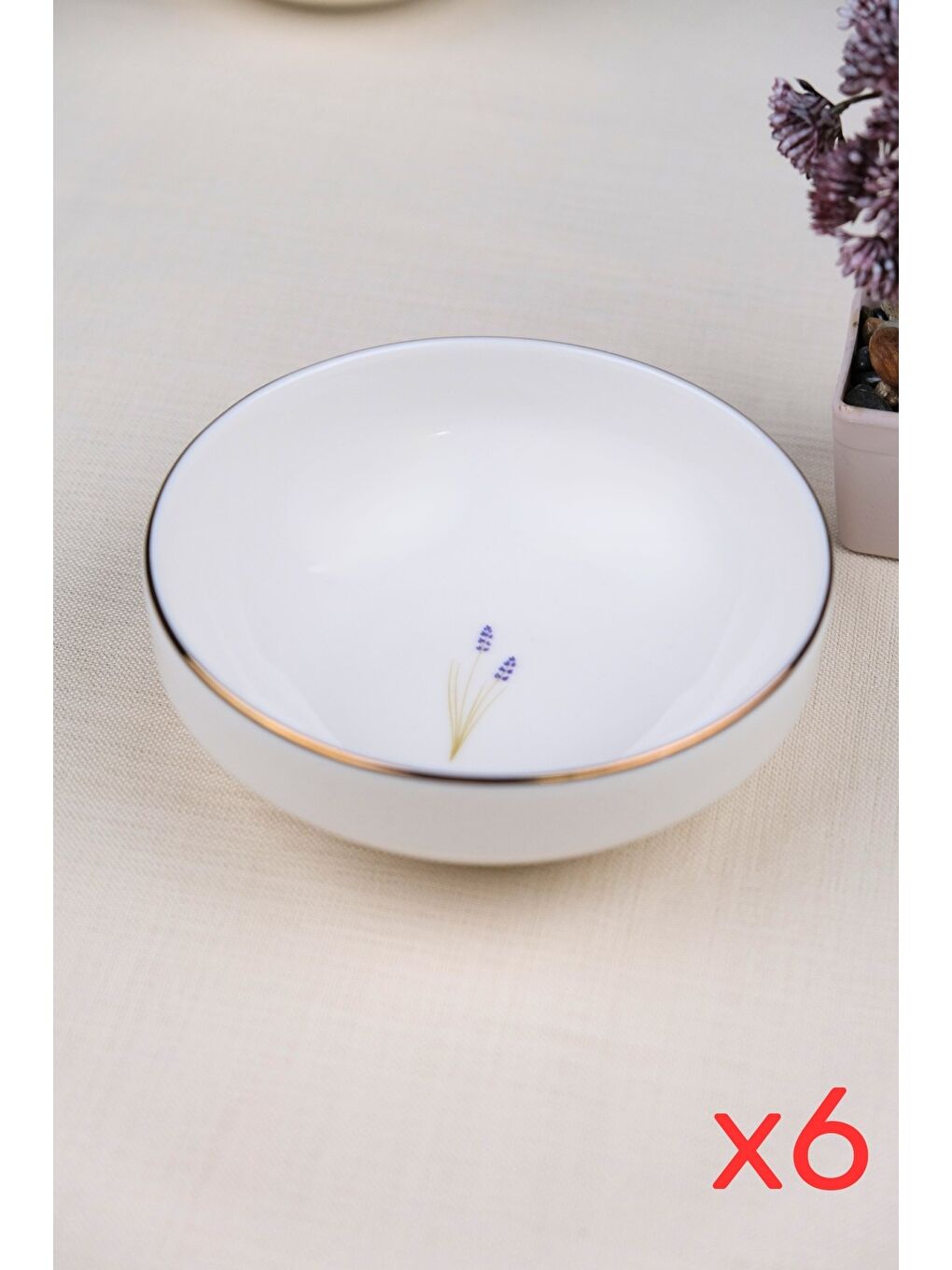 Karışık Porselen Natura Lavanta Altın Yaldız Kase 13,50cm 6 lı