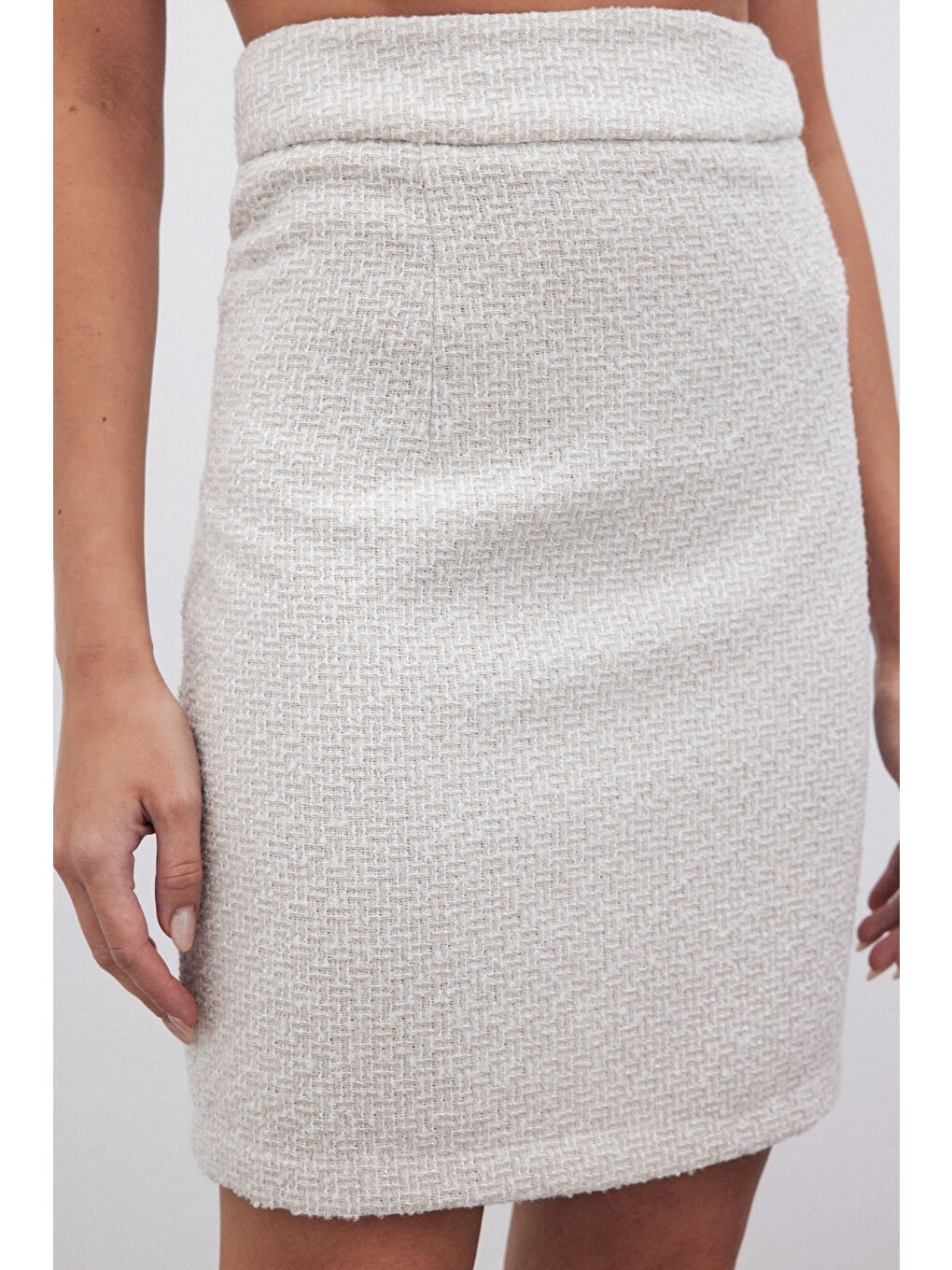 Bej Simli Mini Tüvit Etek - Taş-5