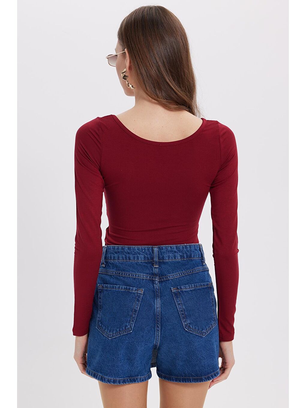 Kadın Slim Fit Dar Kesim Uzun Kollu Viskon Bordo Bluz-6