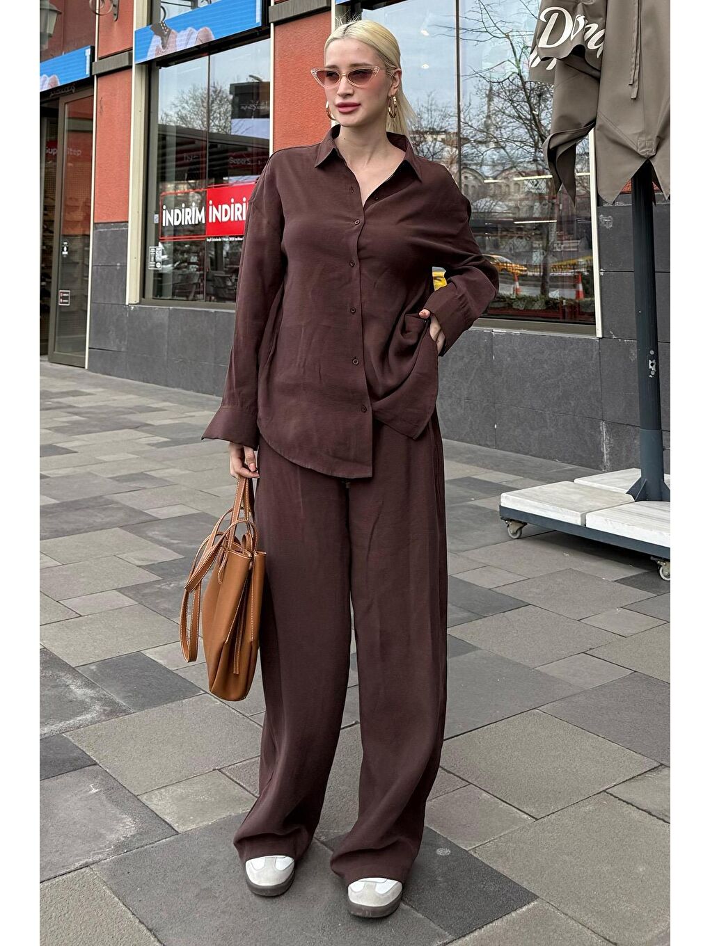 Acı Kahverengi Basic Kadın Gömlek Pantolon İkili Takım Mg2352-7