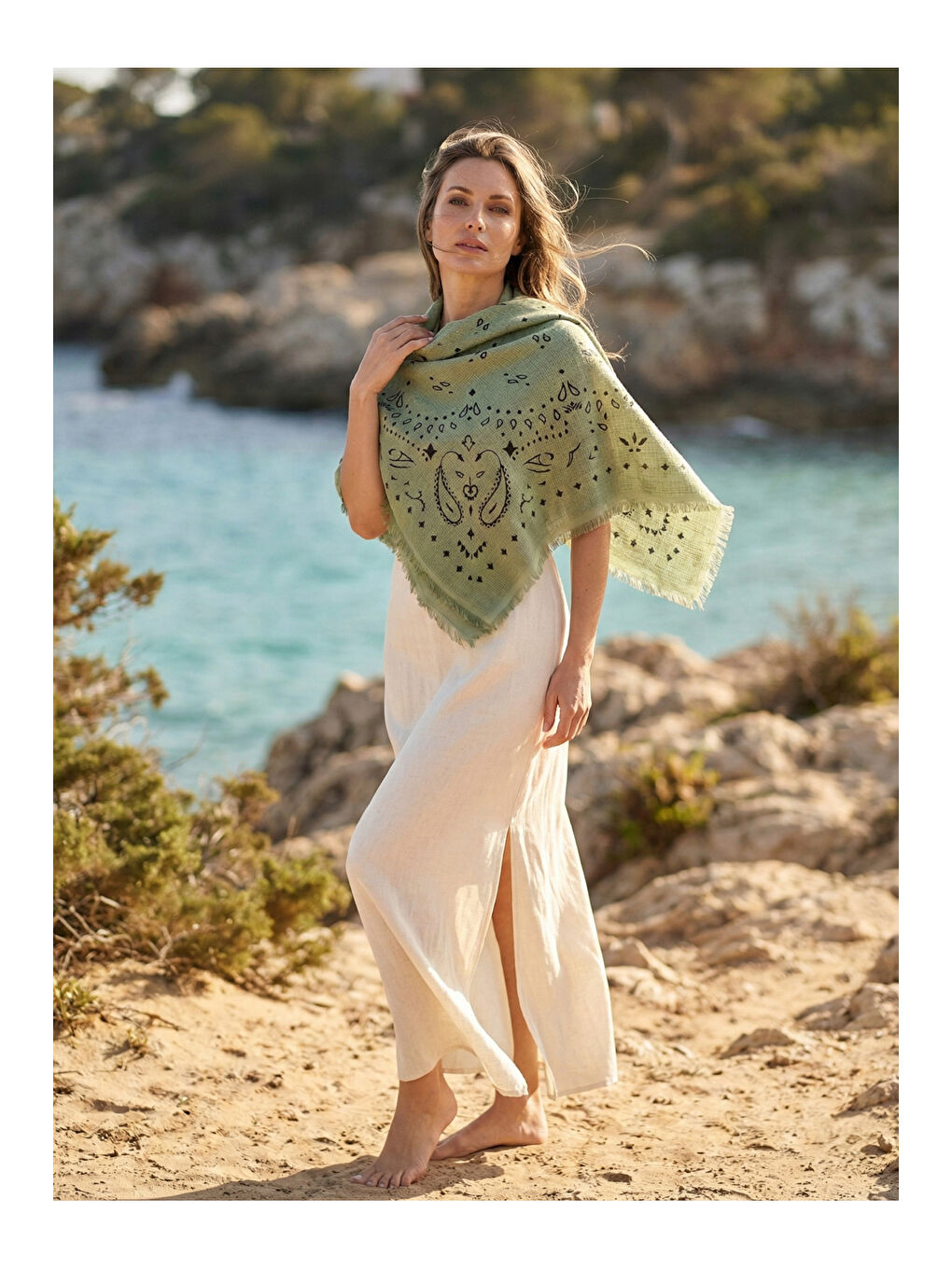 Yeşil Kujten Desenli Pamuklu Şal SAL1401 YESIL-4