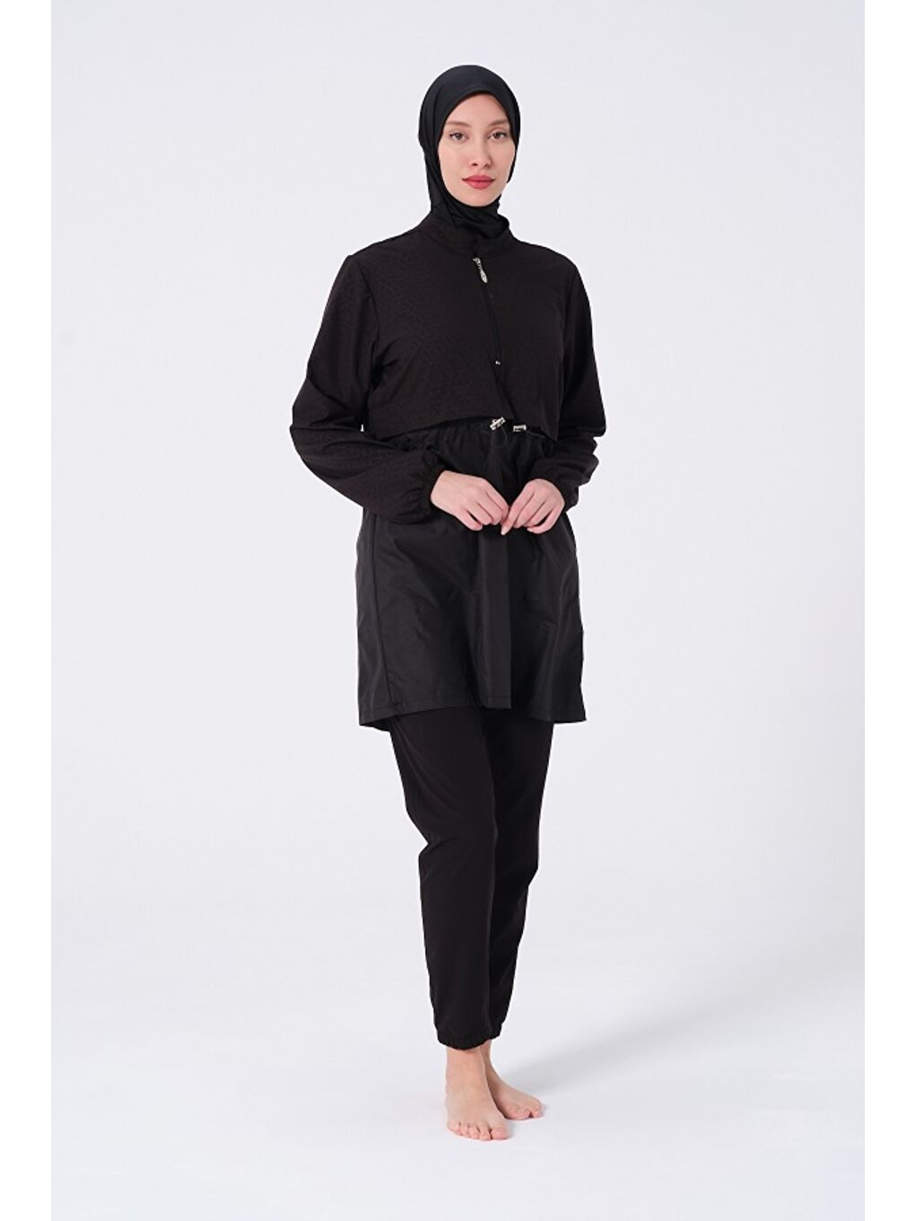 Siyah Kadın Hızlı Kuruyan Kapalı Dik Yaka Fermuarlı Lastikli Tesettür Mayo