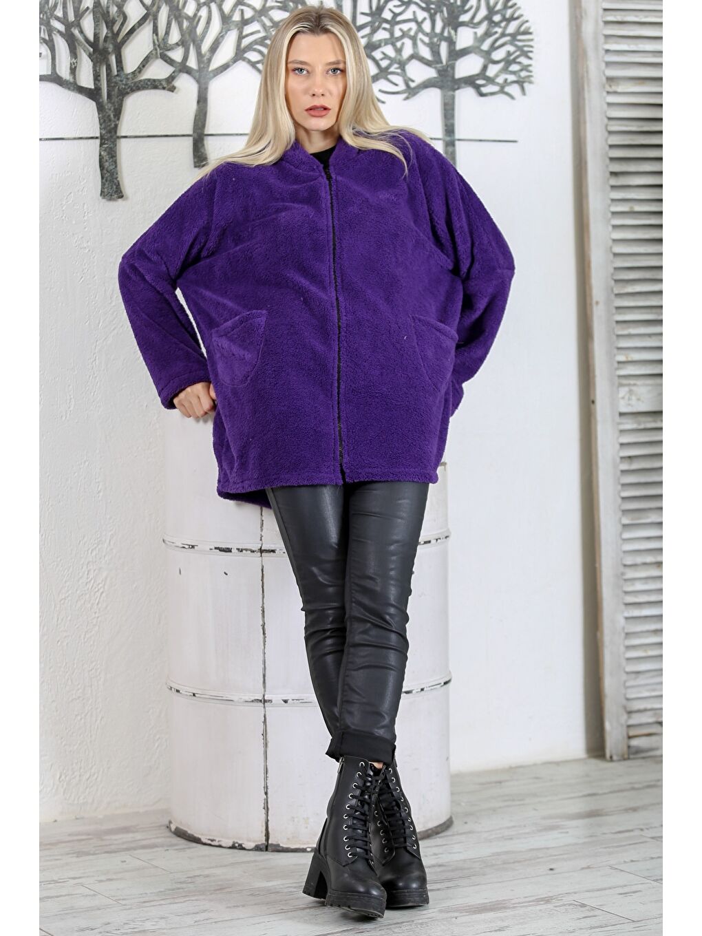 Mor Uzun Kol Fermuarlı Çift Cepli Kapüşonlu Teddy Dokuma Oversize Pelüş Ceket-3