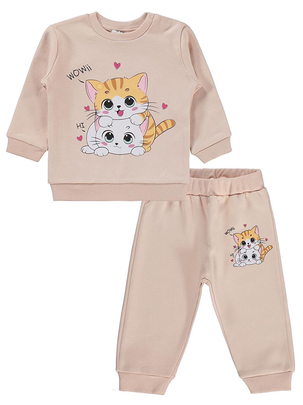 Pembe Baby Kedi Baskılı 6-18 Ay Takım - Pudra-1