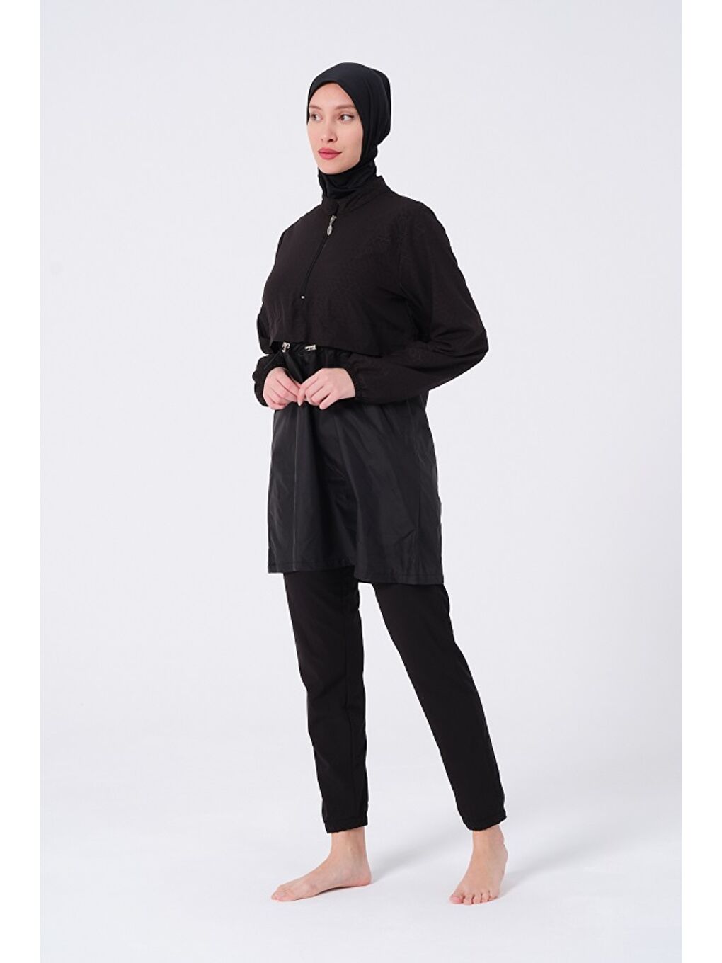 Siyah Kadın Hızlı Kuruyan Kapalı Dik Yaka Fermuarlı Lastikli Tesettür Mayo-2