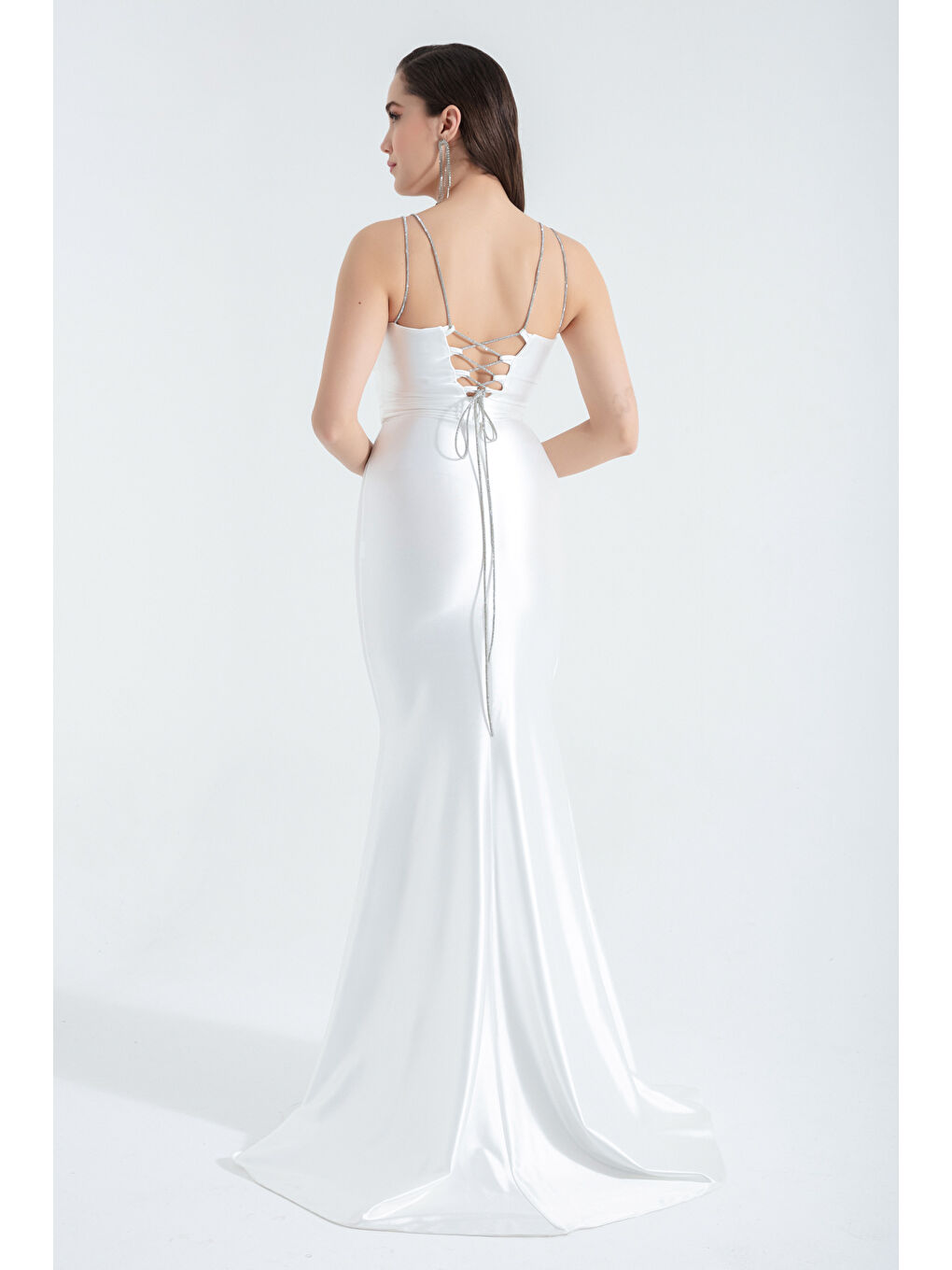 Kadın Beyaz Taş Askılı Uzun Abiye Elbise-4