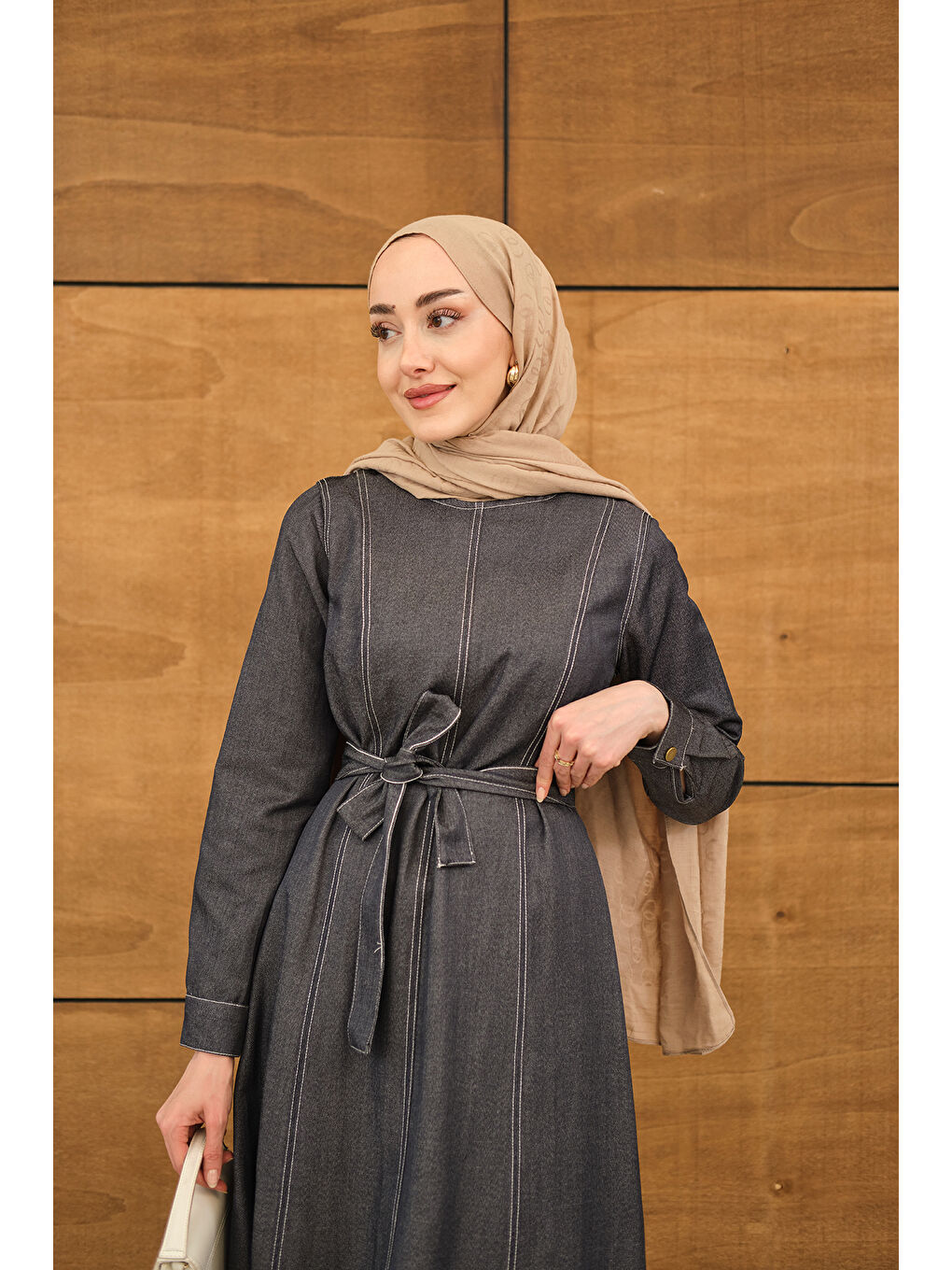 Kadın Dikiş Detay Bel Bağlamalı İnce Jean Elbise Antrasit-1