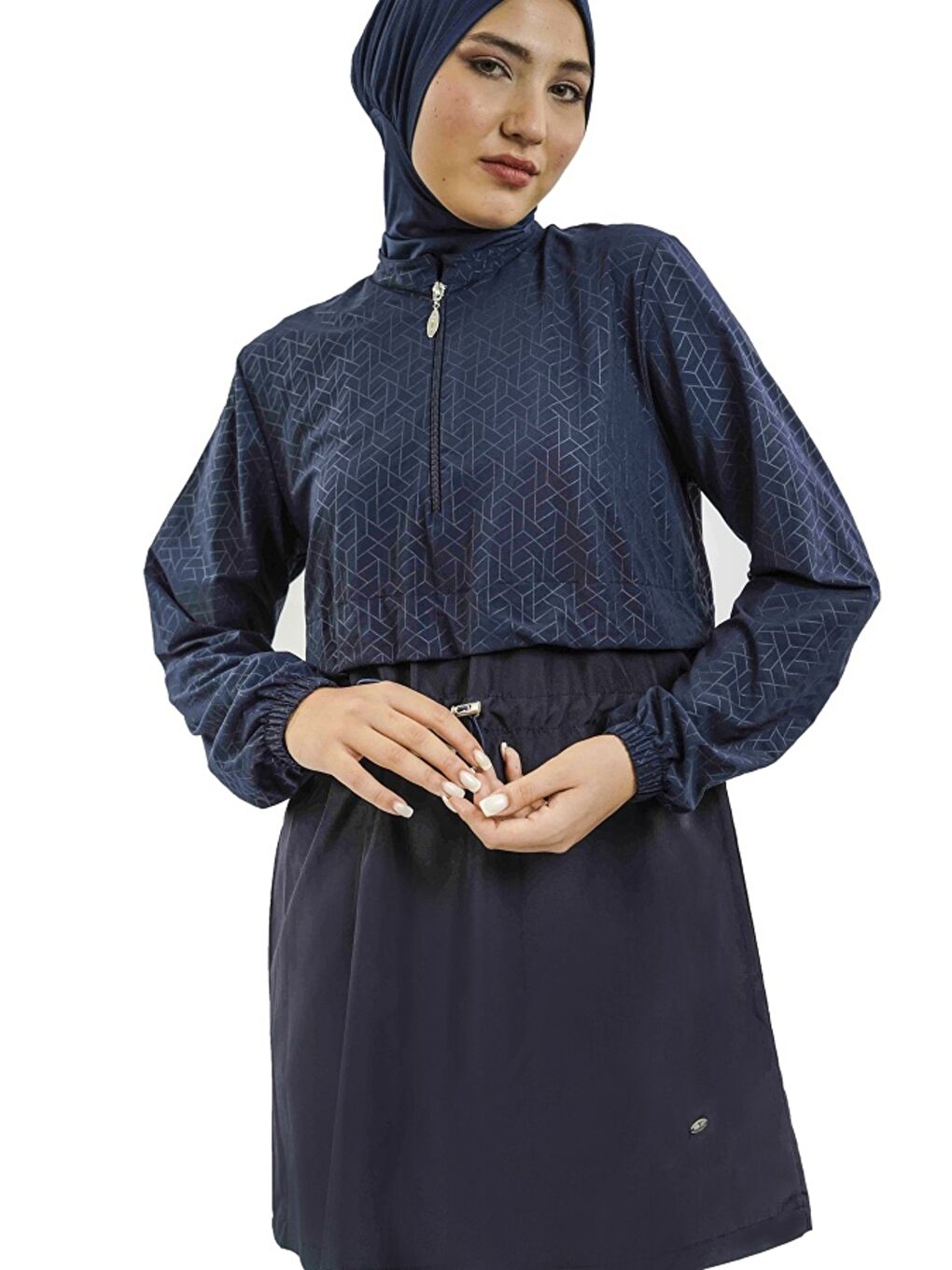 Lacivert Kadın Hızlı Kuruyan Kapalı Dik Yaka Fermuarlı Lastikli Tesettür Mayo