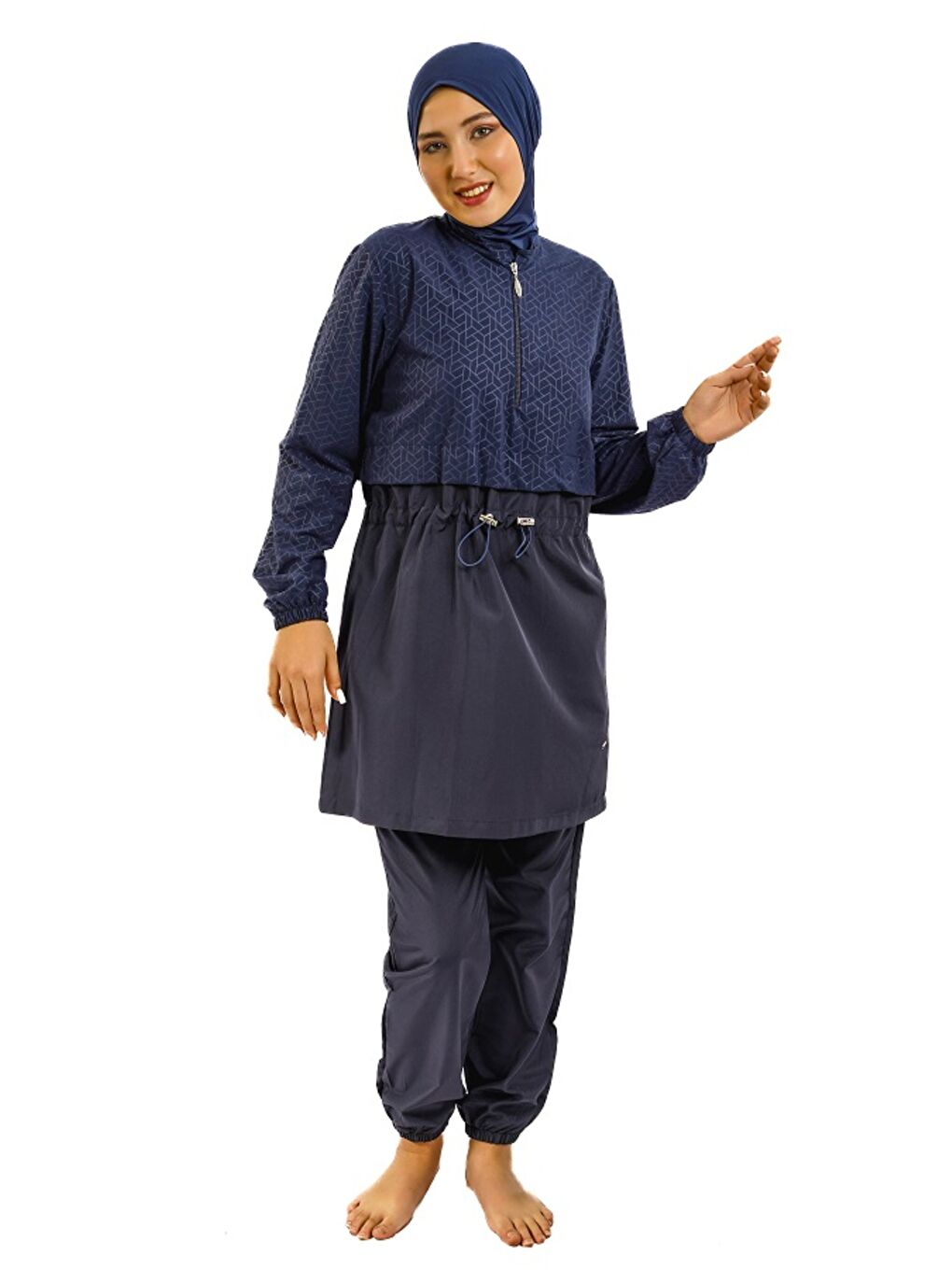Lacivert Kadın Hızlı Kuruyan Kapalı Dik Yaka Fermuarlı Lastikli Tesettür Mayo-1