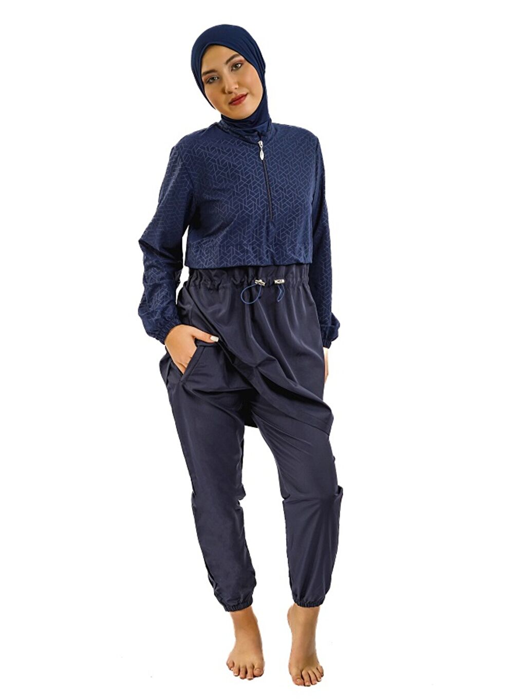 Lacivert Kadın Hızlı Kuruyan Kapalı Dik Yaka Fermuarlı Lastikli Tesettür Mayo-2