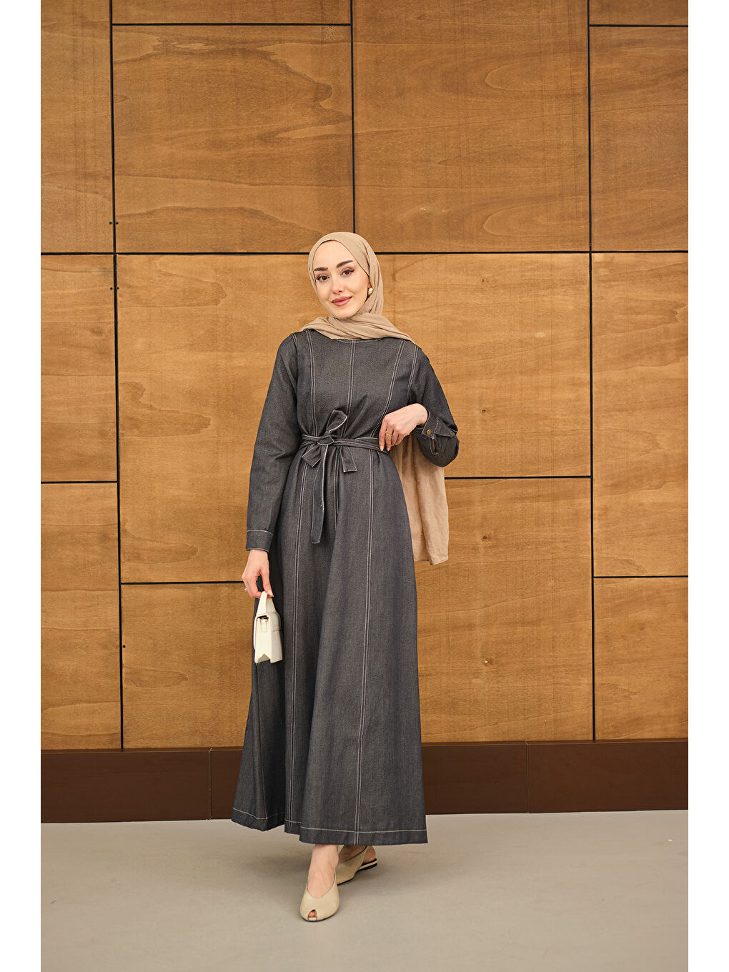 Kadın Dikiş Detay Bel Bağlamalı İnce Jean Elbise Antrasit-2