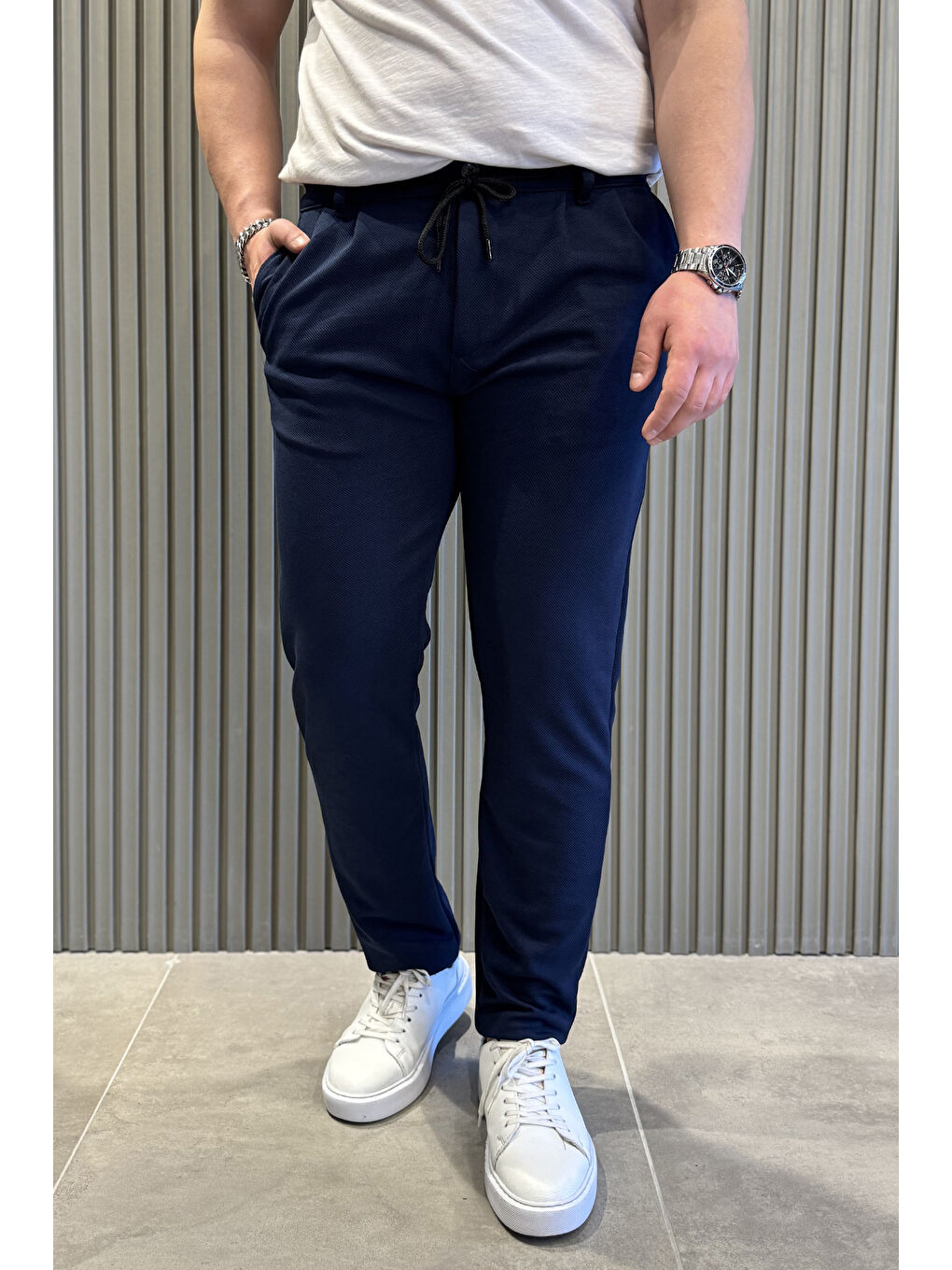 Lacivert Bel Bağcıklı Double Jogger Erkek Pantolon