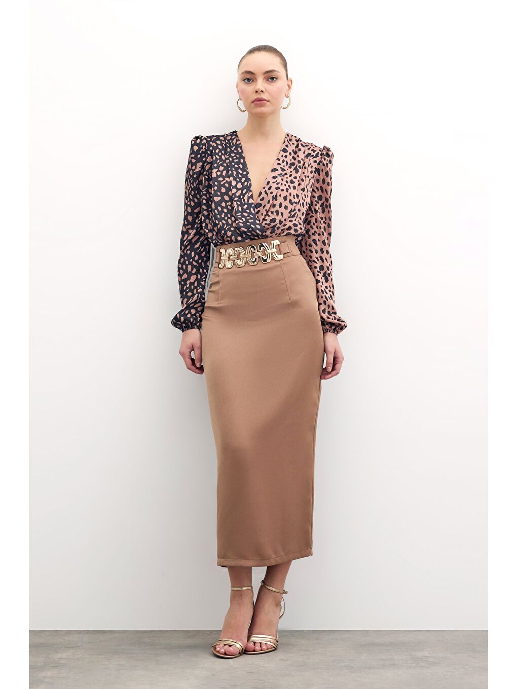 Bej Gold Aksesuarlı Uzun Etek - Vizon-2