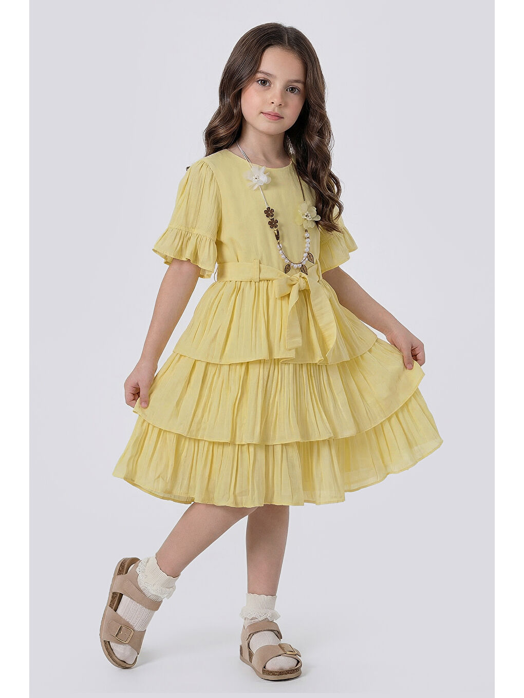Sarı Kız Çocuk  Eteği Katlı Kısa Kollu Kolyeli Elbise