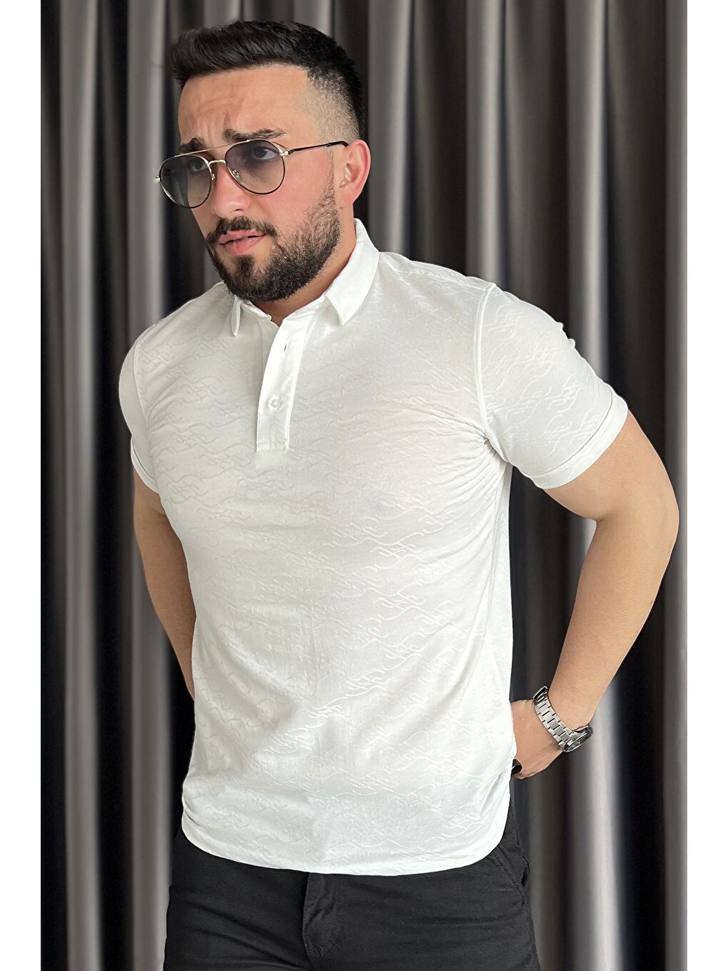 Ekru Polo Yaka Yarım Düğmeli Erkek Tişört