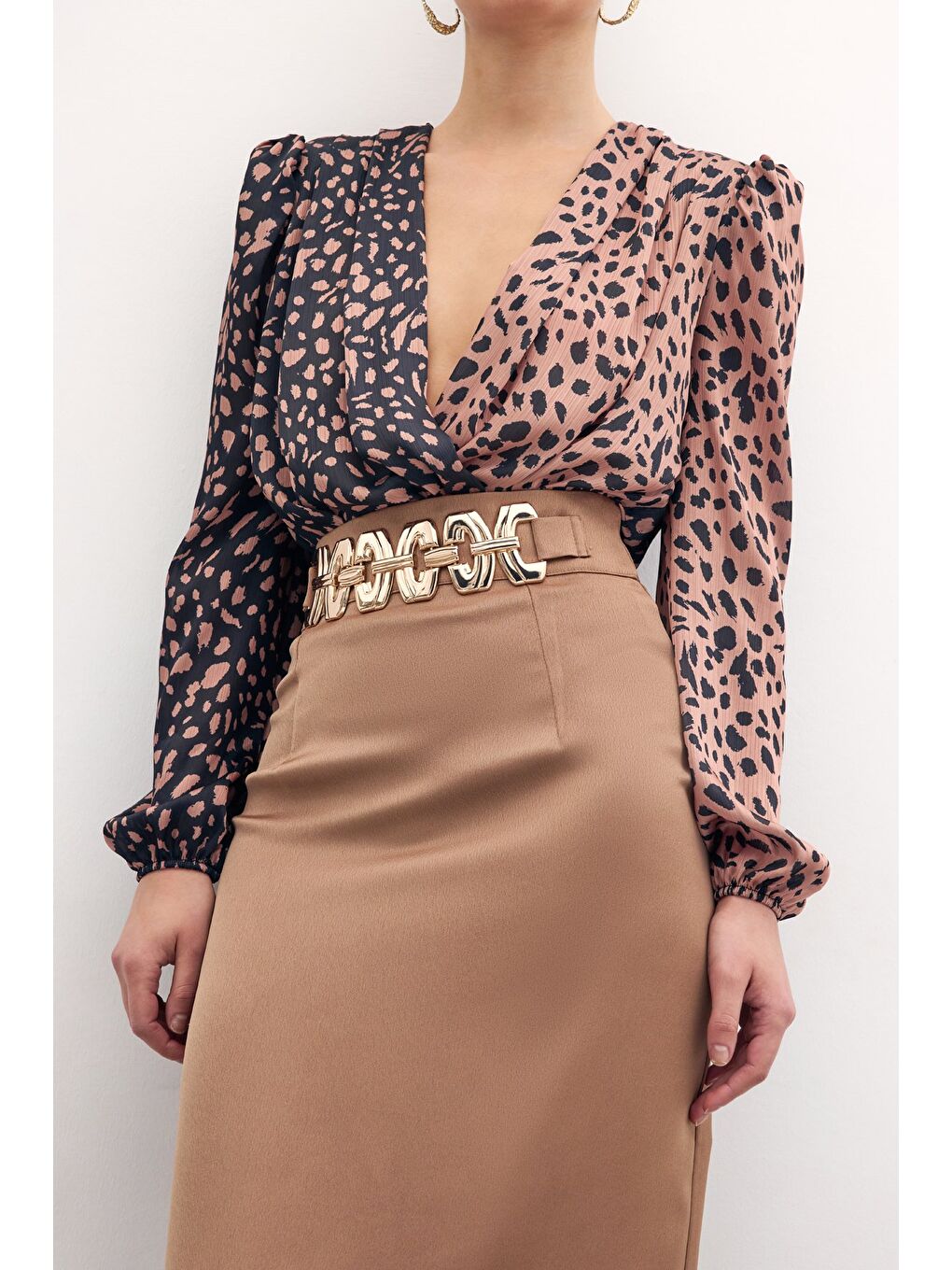 Bej Gold Aksesuarlı Uzun Etek - Vizon-4